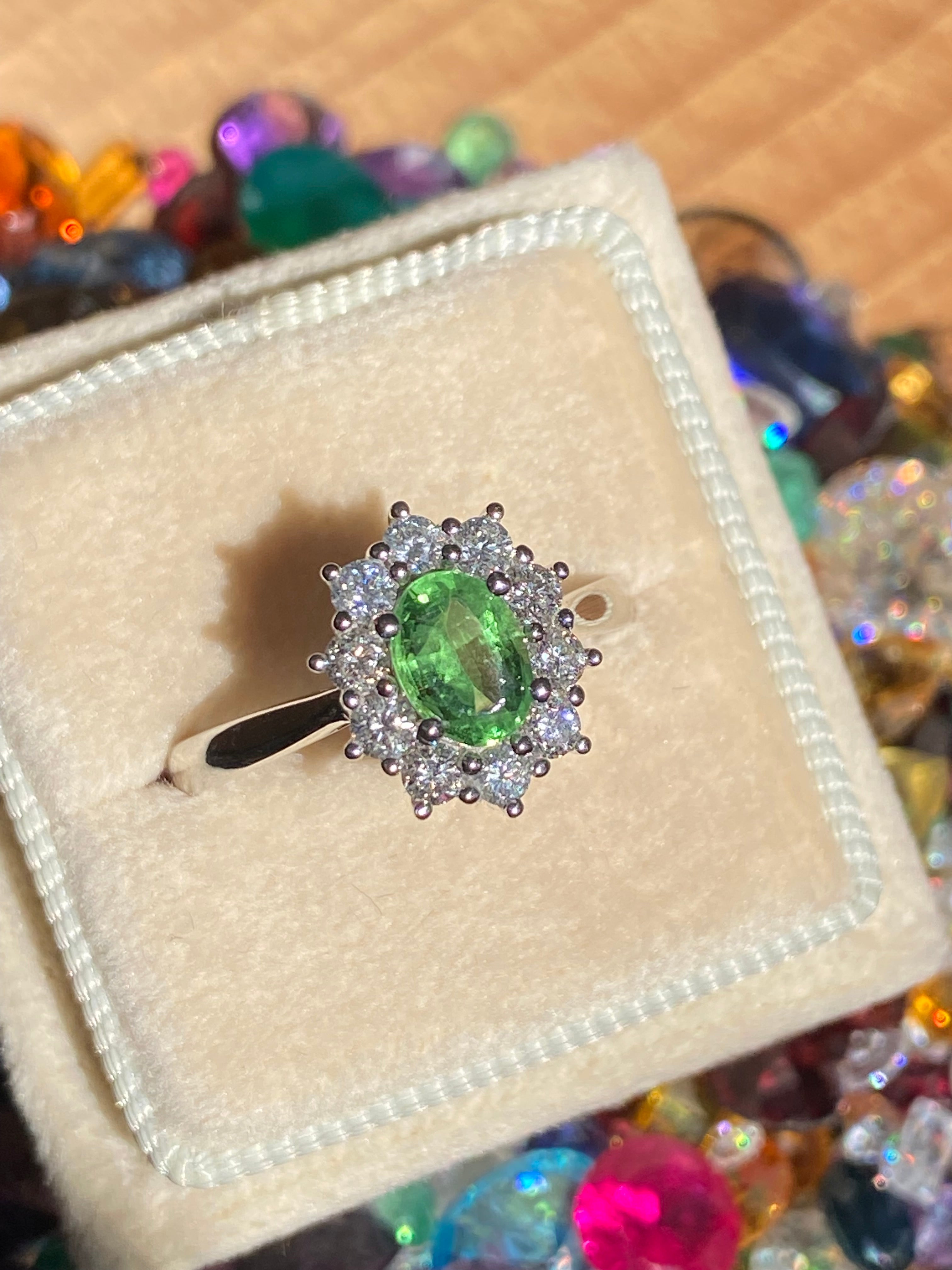 1.32 CTW Tsavorite Garnet and Natural Diamond Halo Ring in Platinum