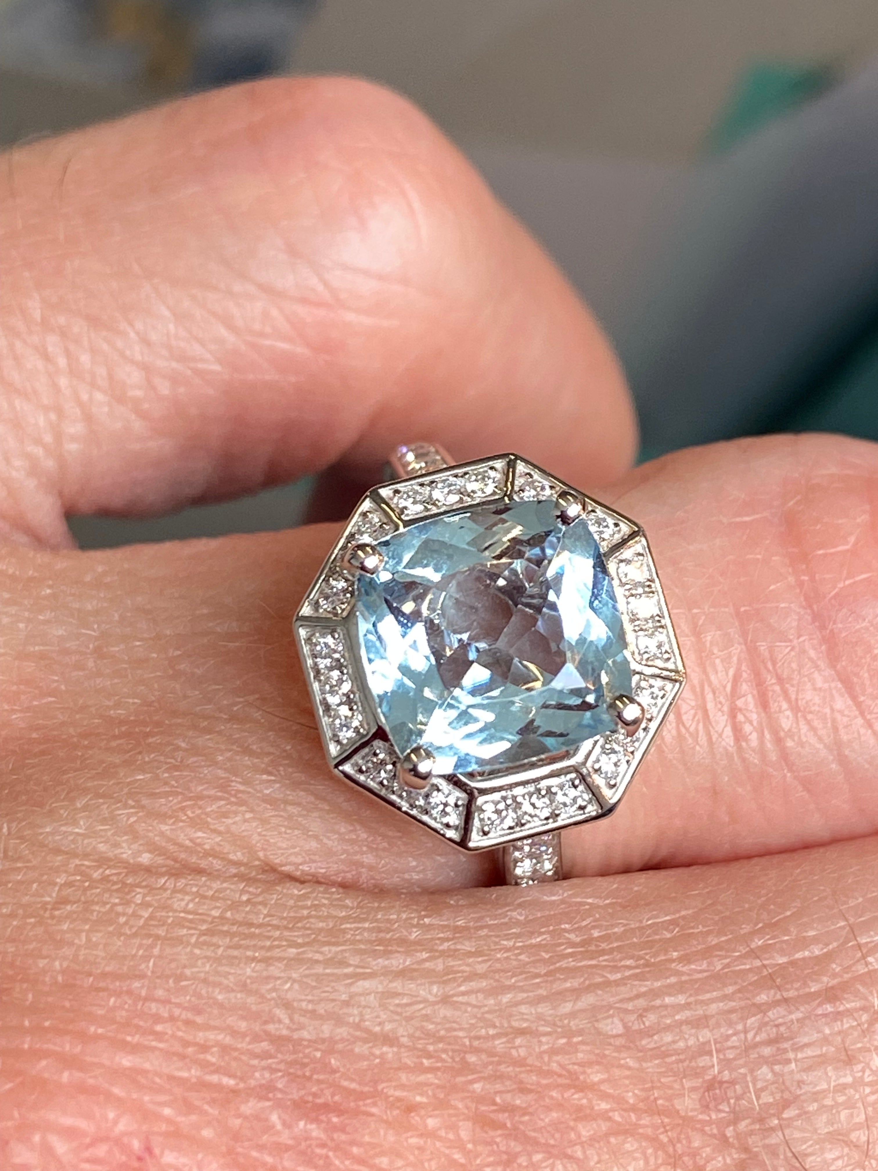 3.03 CTW Cushion Cut Art Deco Style Aquamarine and Natural Diamond Halo Engagement Ring in Platinum