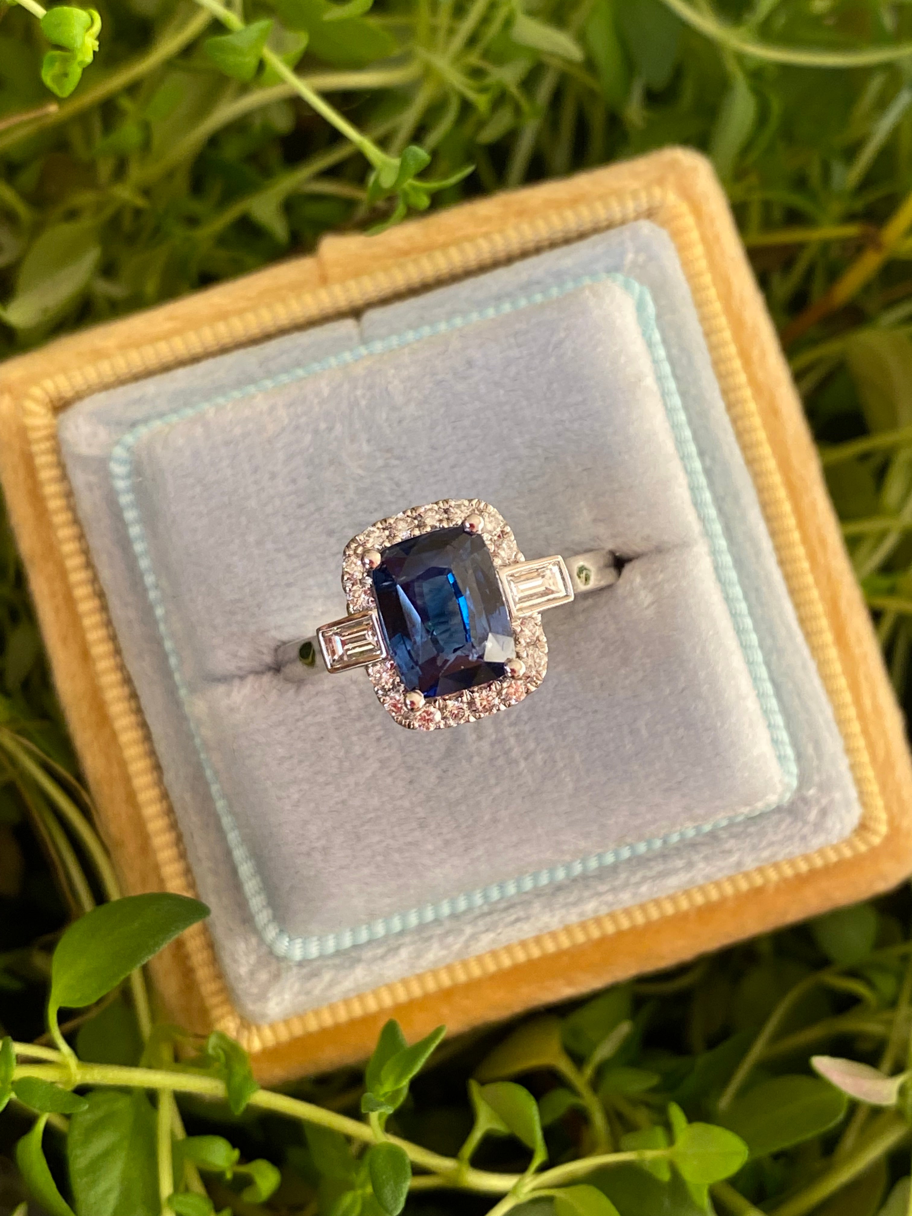 2.59 Carat Cushion Cut Sapphire and Natural Diamond Halo Ring in Platinum