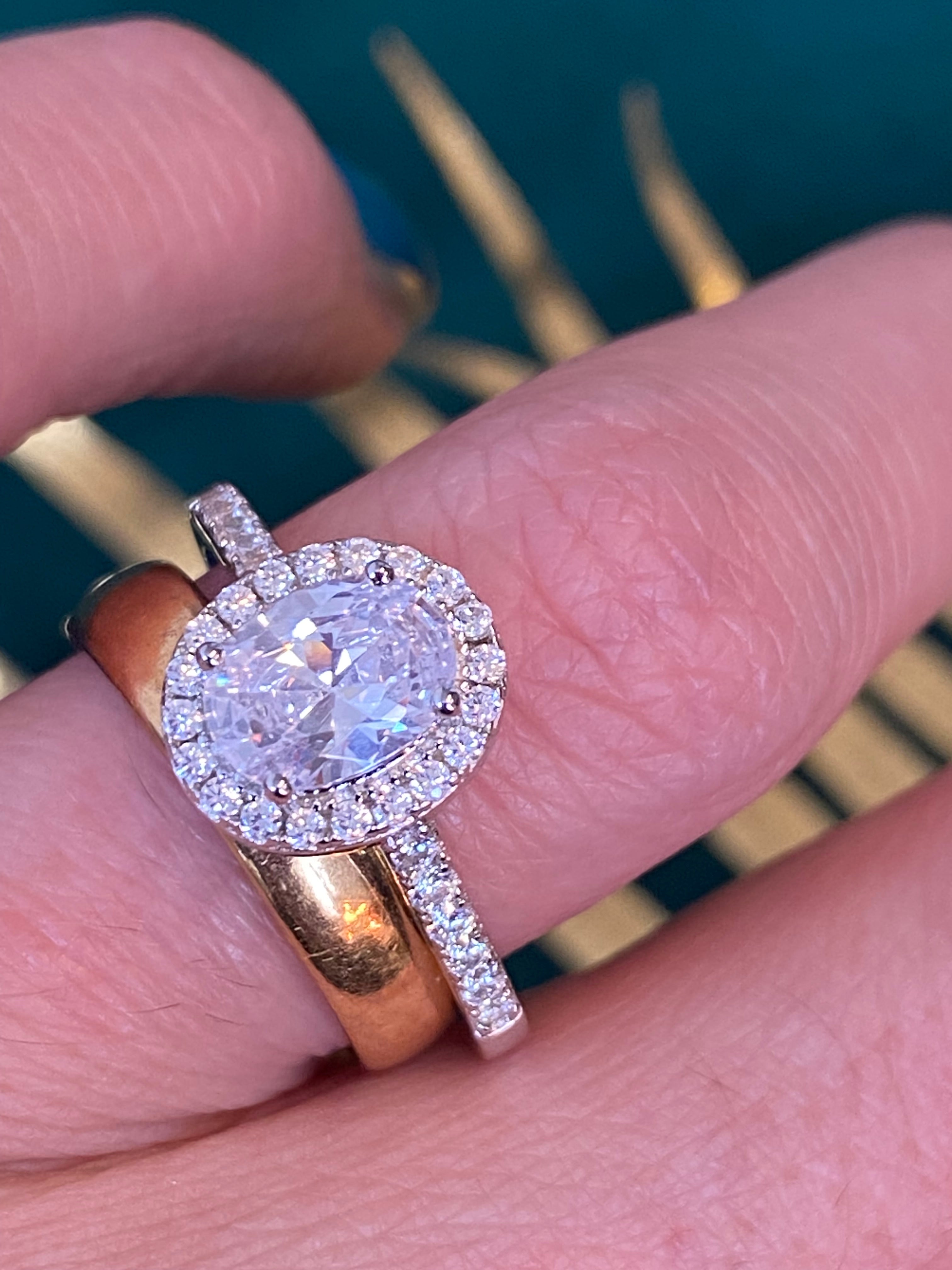 Oval Cut Moissanite Halo Engagement and Wedding / Eternity Ring Set in Sterling Silver