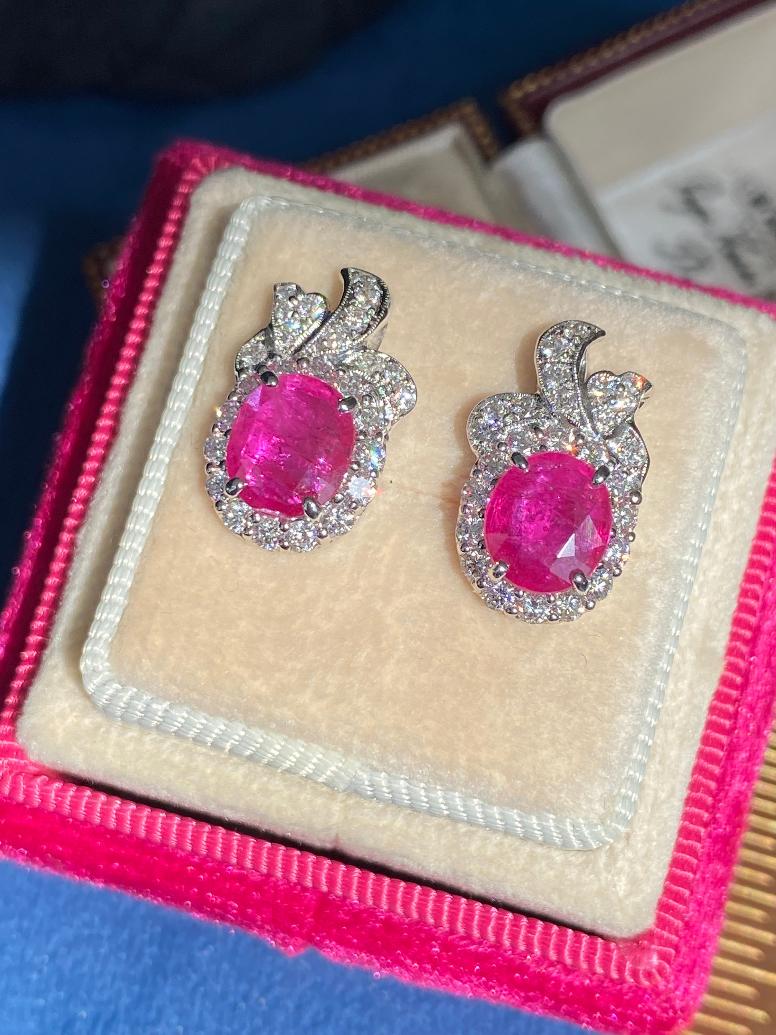 3.98 CTW Vintage Burmese Ruby Stud Earrings in 18ct White Gold