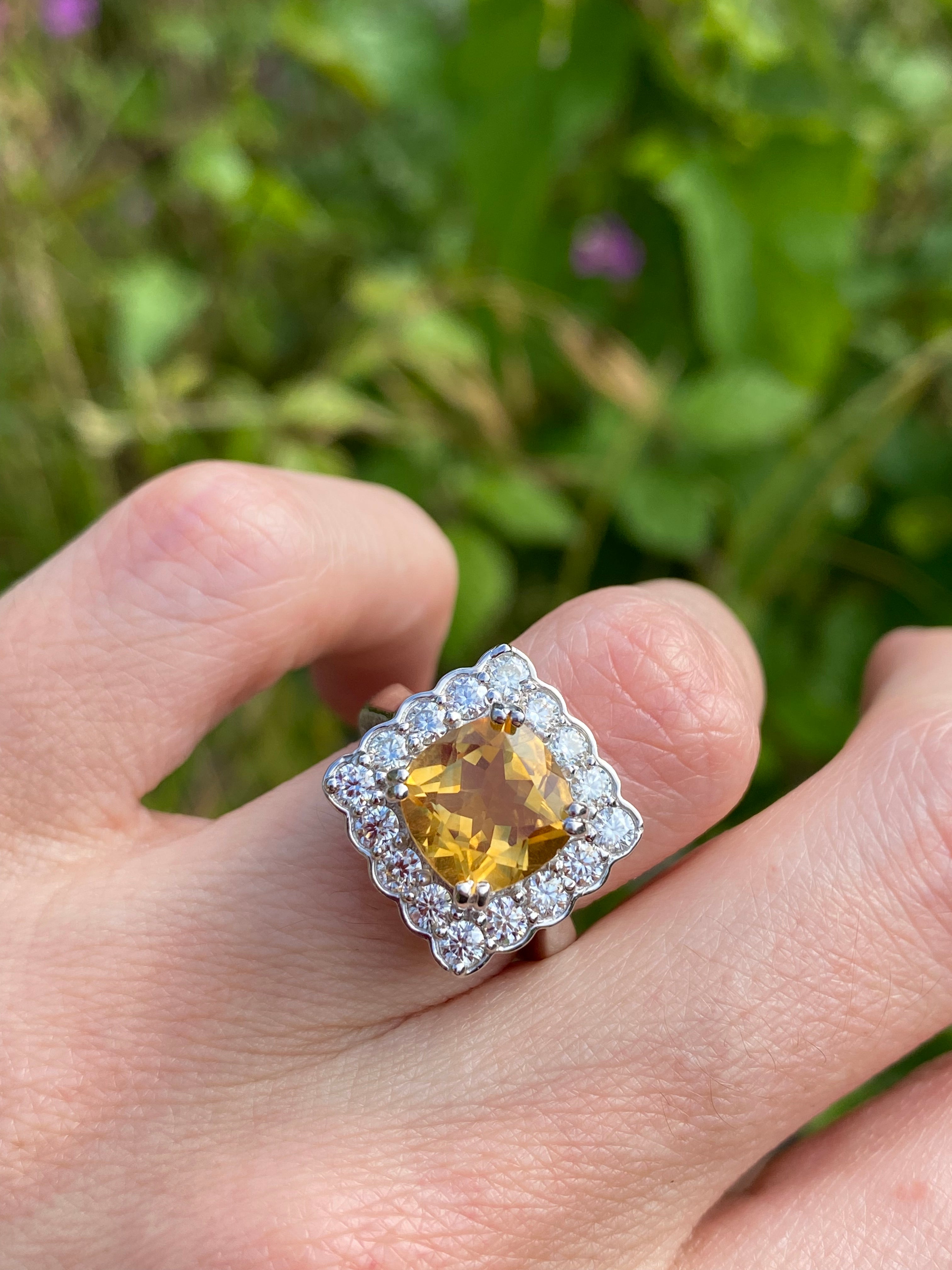 4.29 CTW Cushion Cut Citrine and Moissanite Halo Cocktail Ring in Sterling Silver