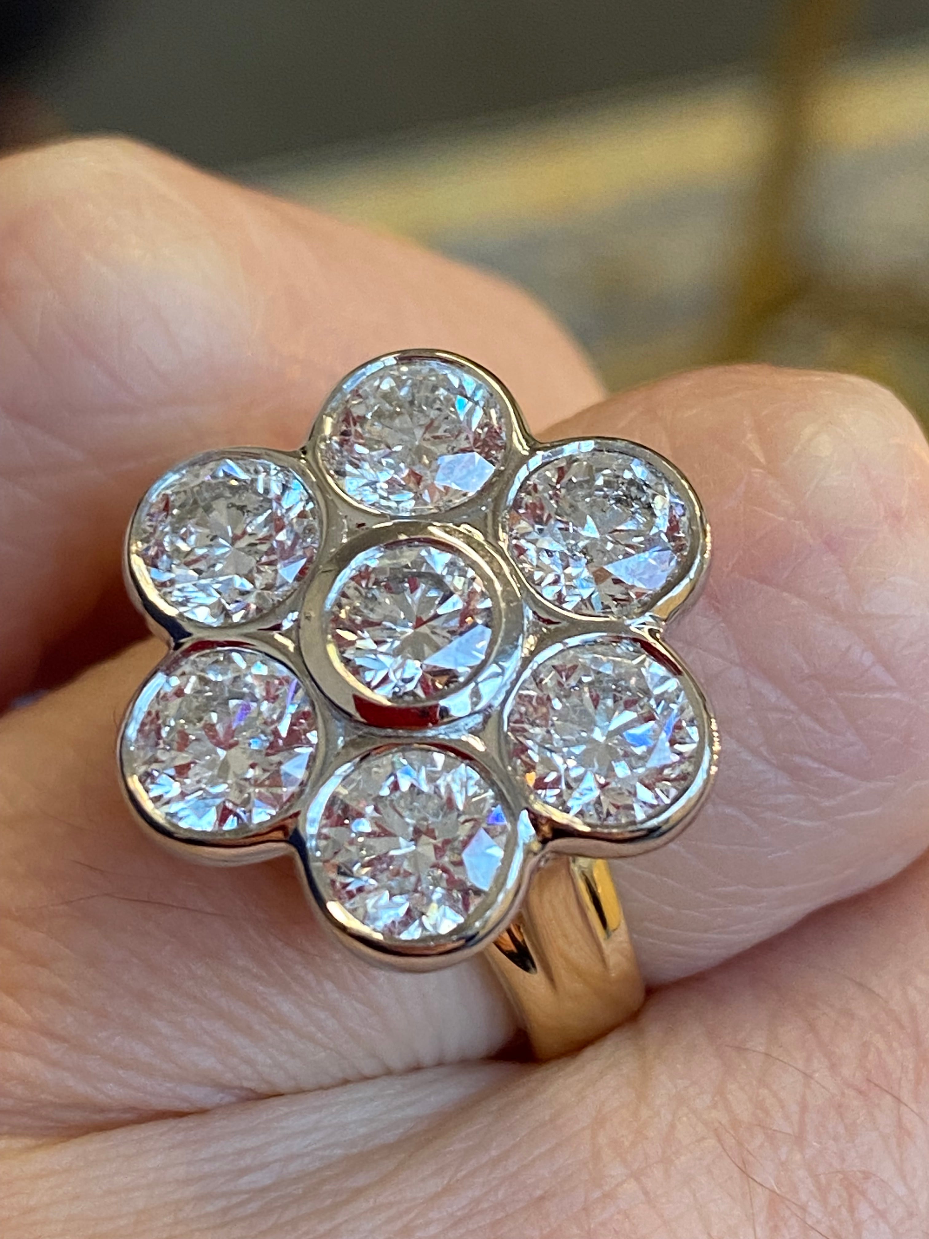 Vintage 4.07 CTW Natural Diamond Daisy Cluster Ring in Platinum and 18ct Yellow Gold