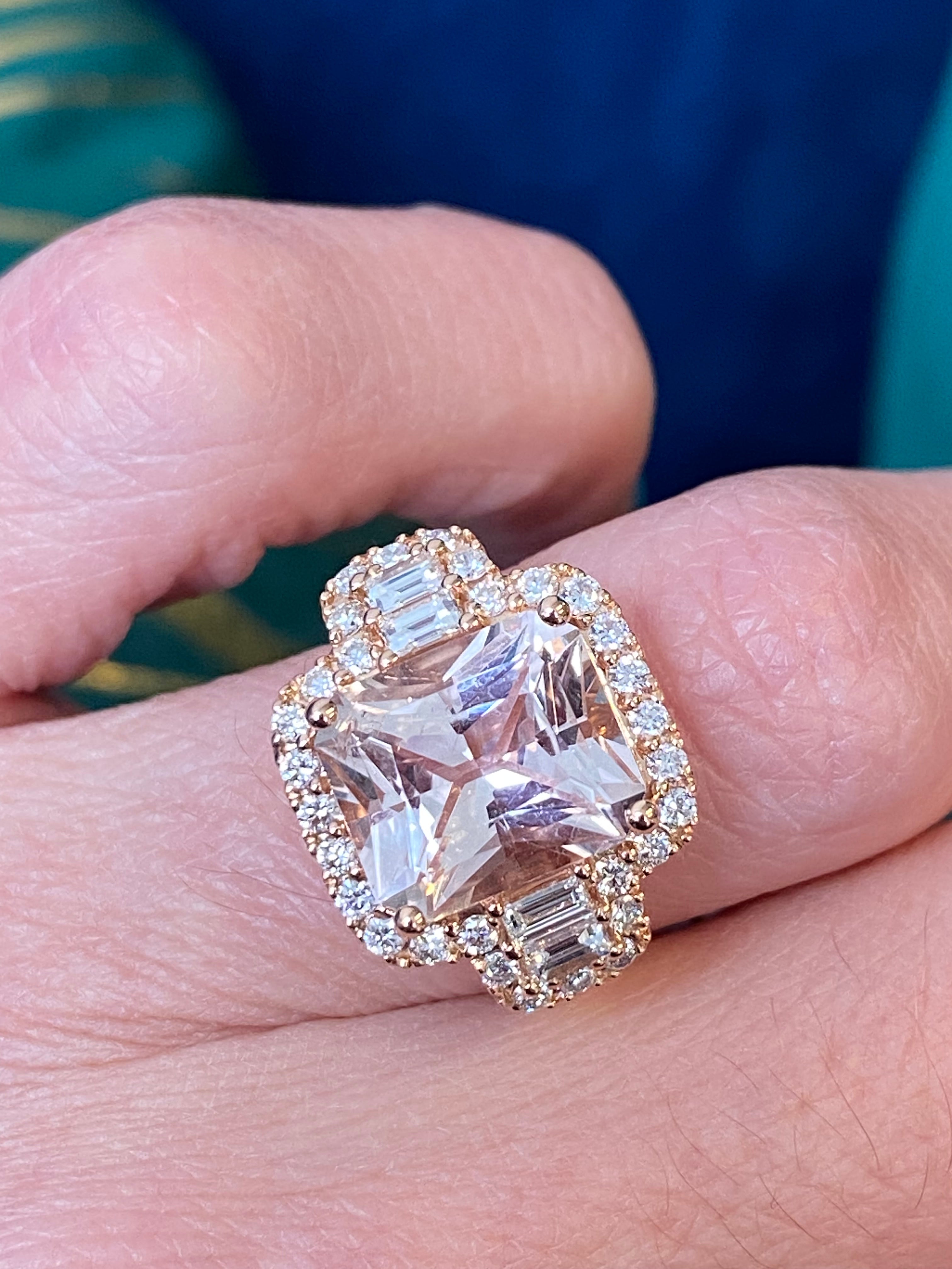 4.66 CTW Radiant Cut Morganite and Natural Diamond Ring in 18ct Rose Gold