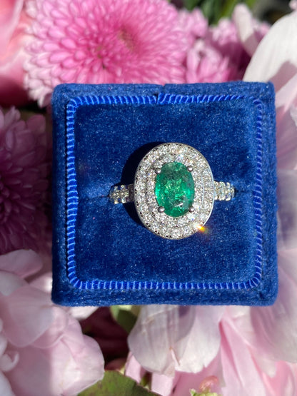 2.22 Ctw Emerald and Natural Diamond Double Halo Ring in Platinum