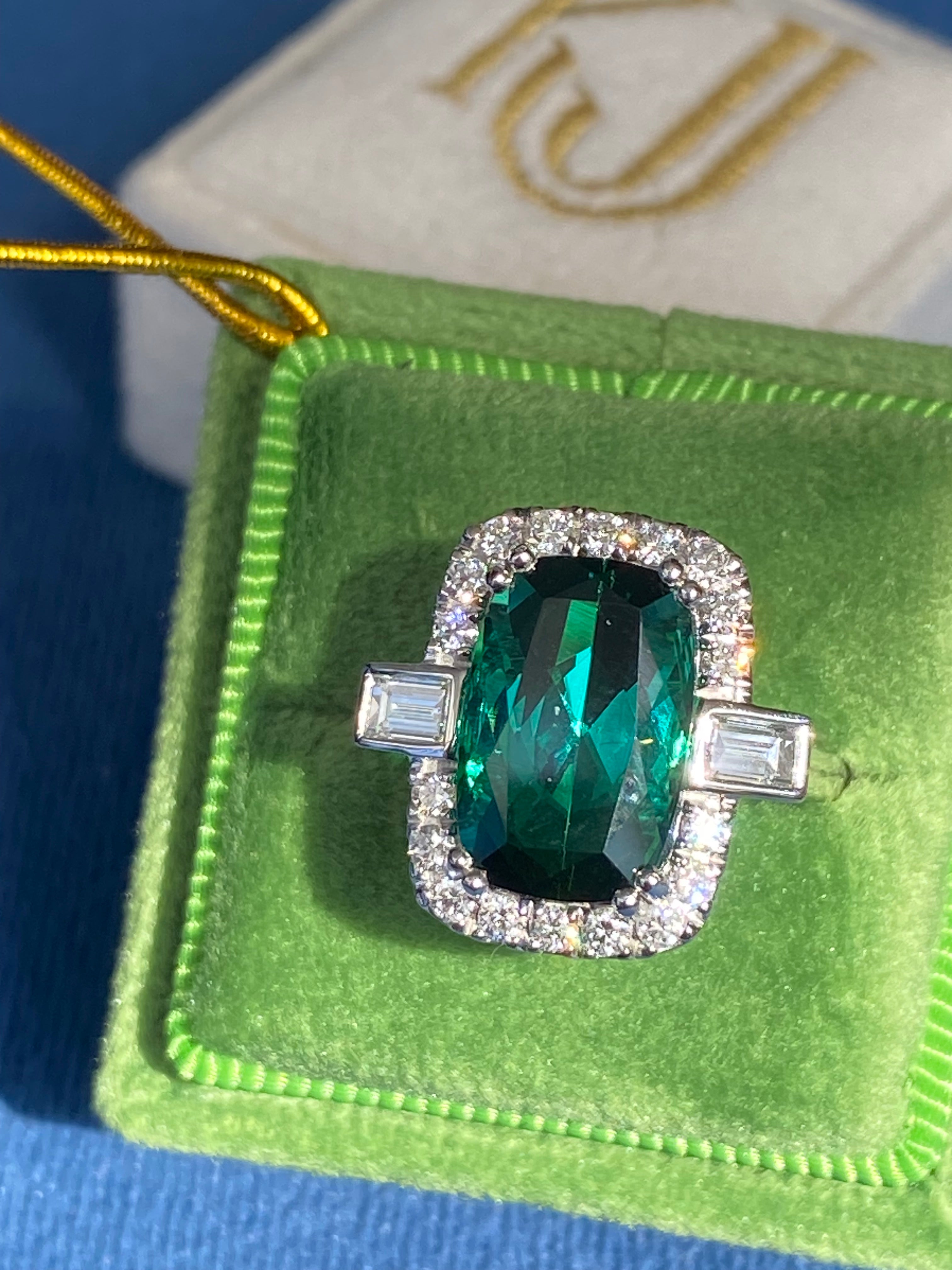 6.35 CTW Cut Teal Tourmaline and Natural Diamond Ring in Platinum
