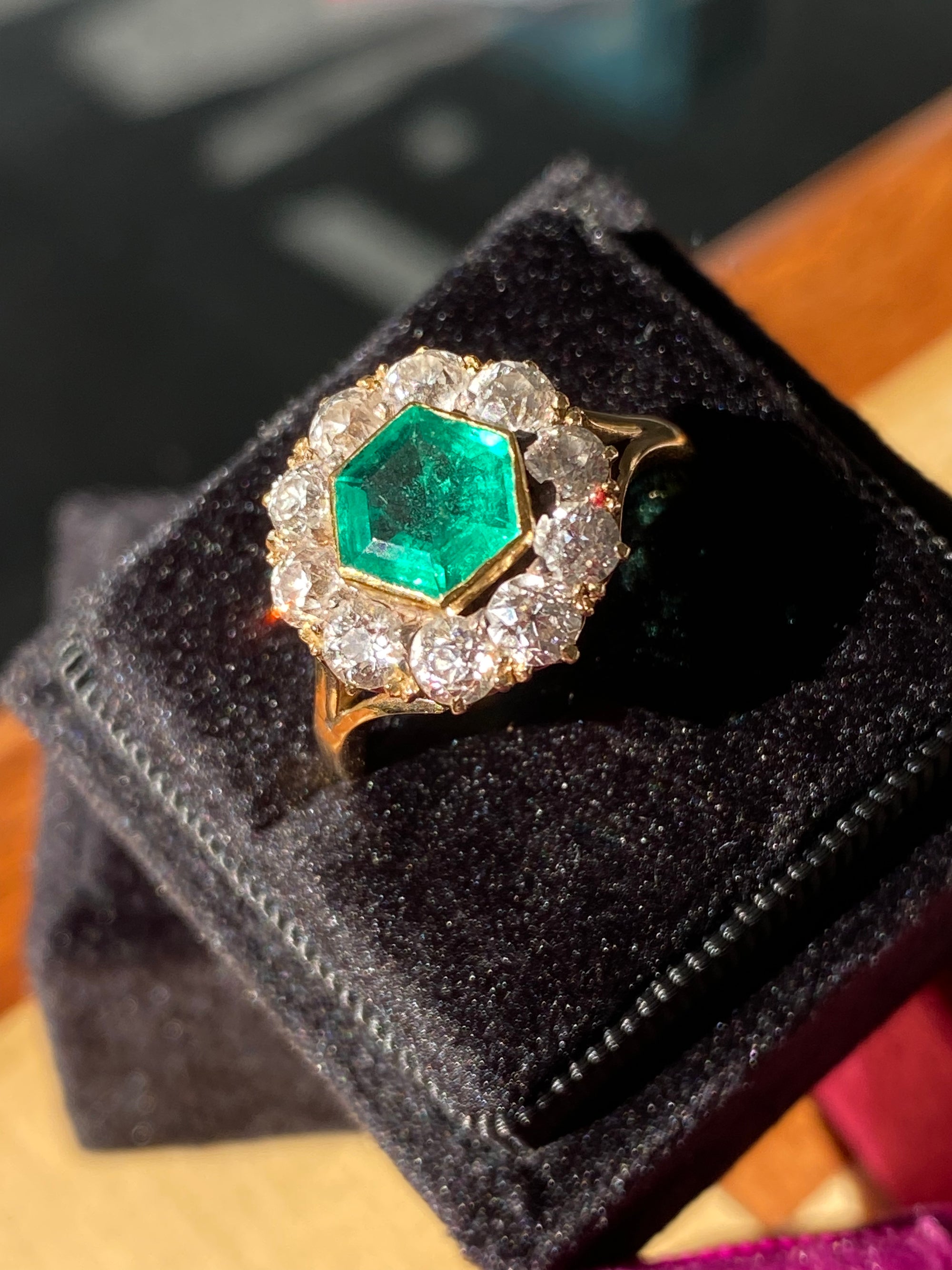 3.00 CTW Colombian Emerald and Old Cut Diamond Halo Ring in 18ct Yellow Gold