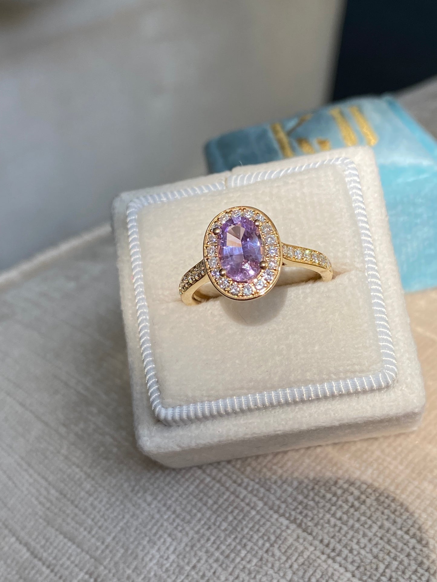 1.37 Carat Lilac Sapphire and Natural Diamond Engagement Ring in 18ct Yellow Gold