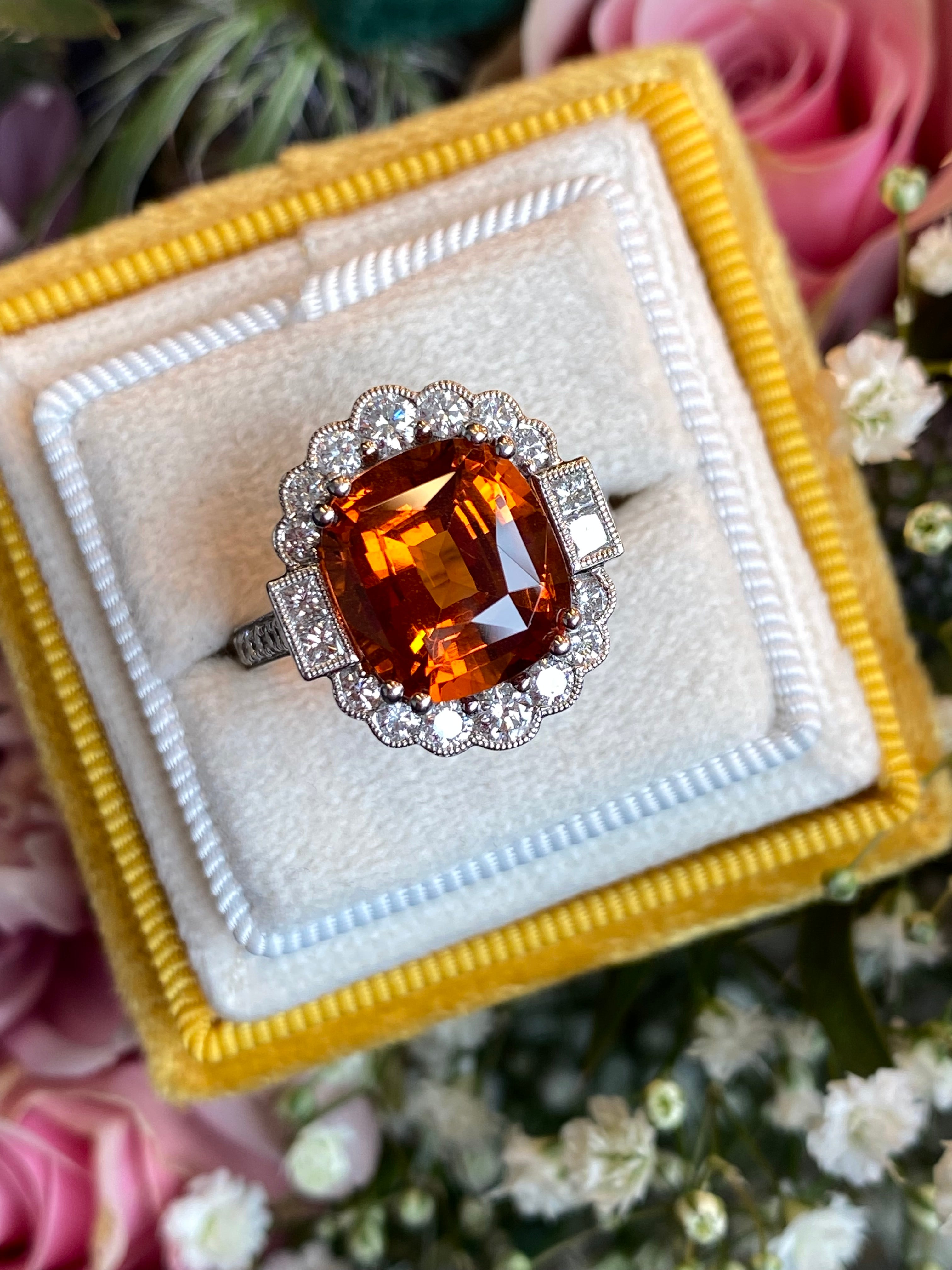5.95 Carat Hessonite Garnet and 1.03ctw Natural Diamond Ring in Platinum