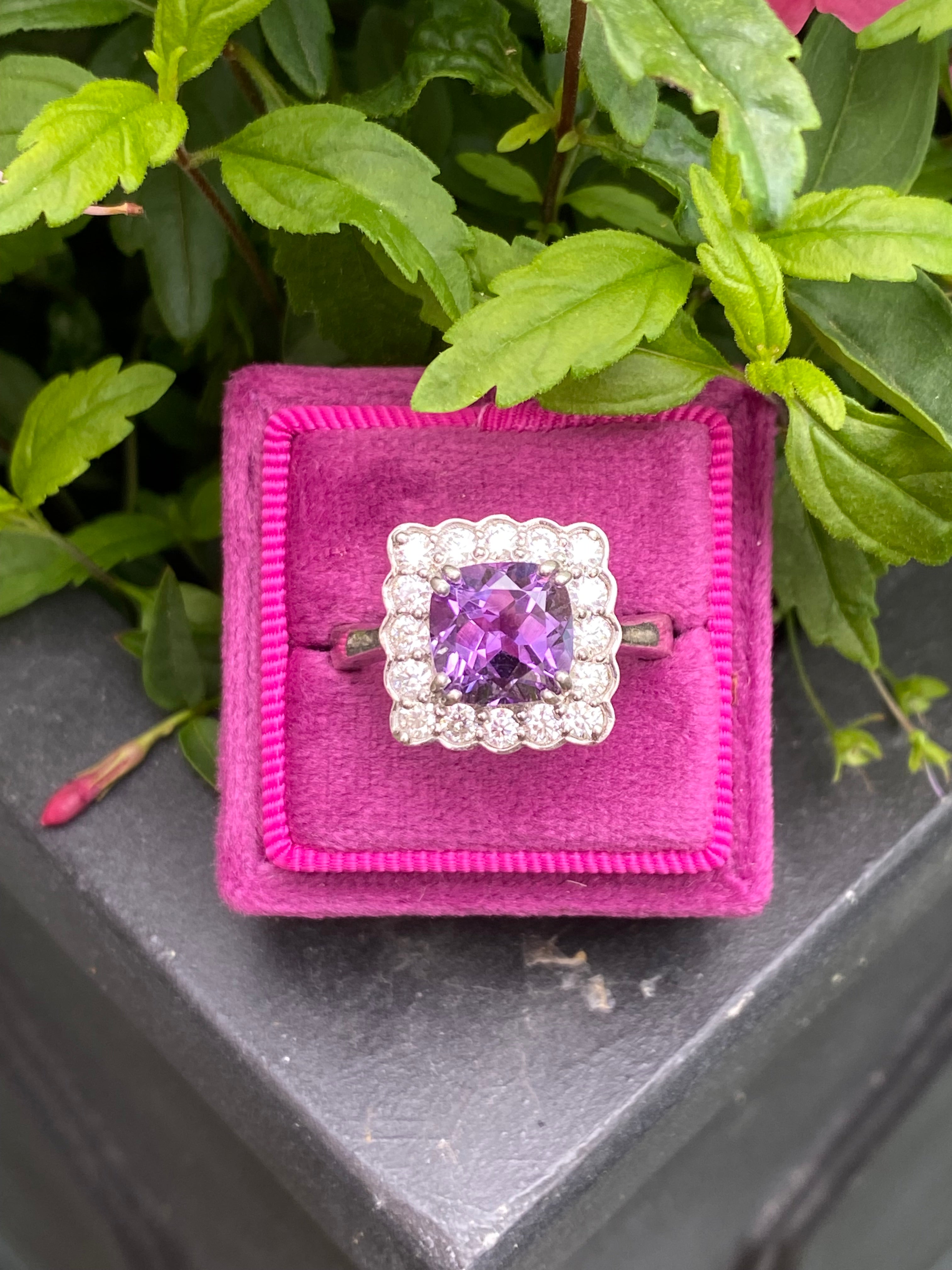 4.29 CTW Cushion Cut Amethyst and Moissanite Halo Cocktail Ring in Sterling Silver