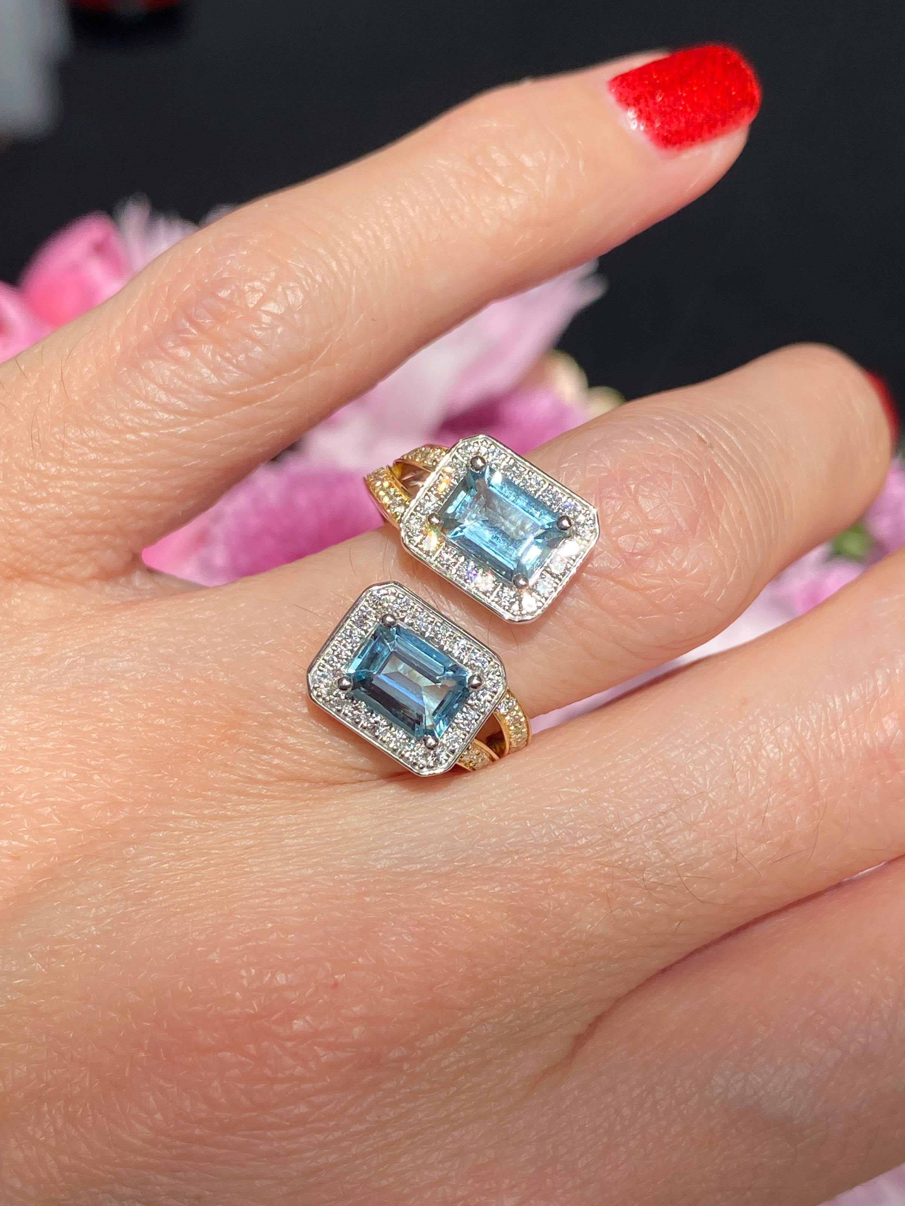 2.25ctw Aquamarine and Natural Diamond Toi et Moi Ring in Platinum and 18ct Yellow Gold