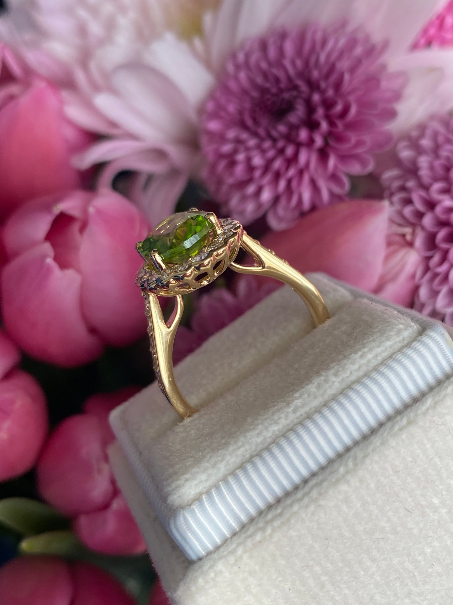 2.96 Carat Peridot and Natural Diamond Halo Ring in 18ct Yellow Gold