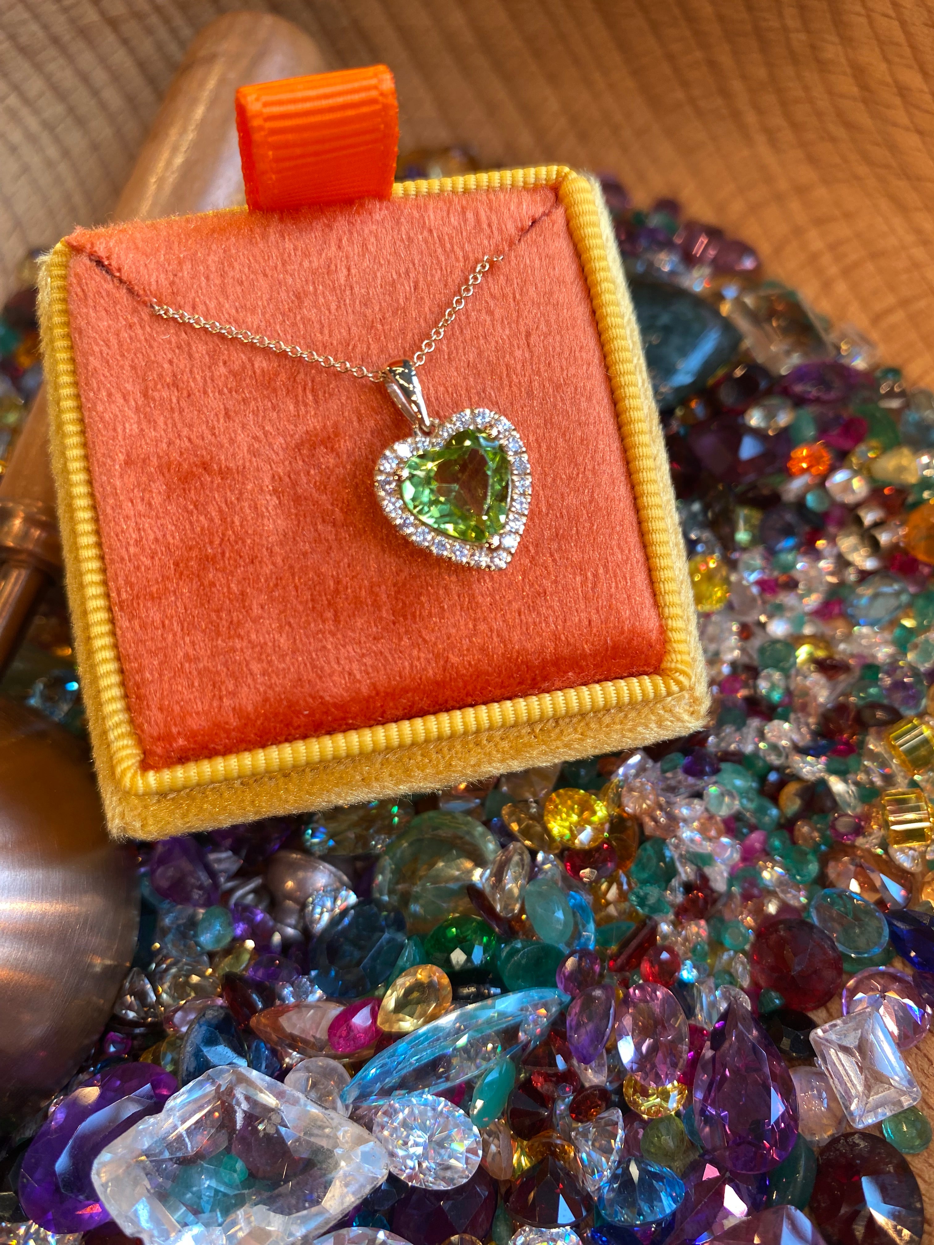 Heart Shaped Peridot and Natural Diamond Pendant Necklace in 9ct Yellow Gold