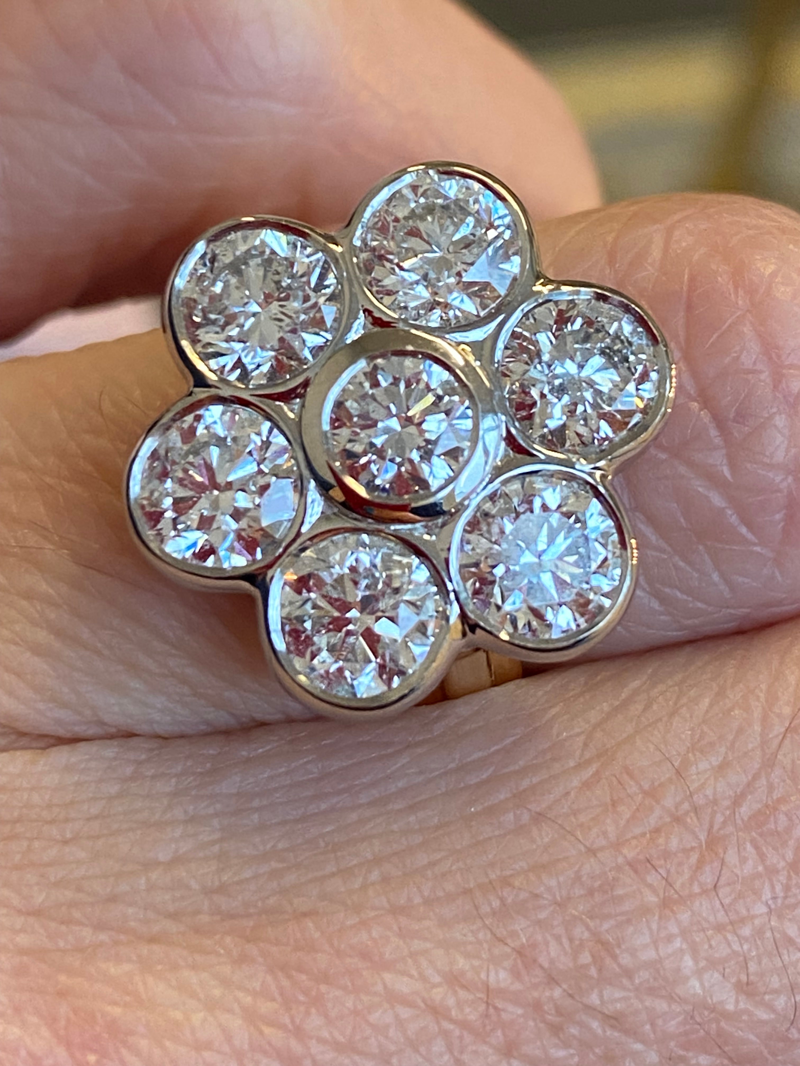 Vintage 4.07 CTW Natural Diamond Daisy Cluster Ring in Platinum and 18ct Yellow Gold
