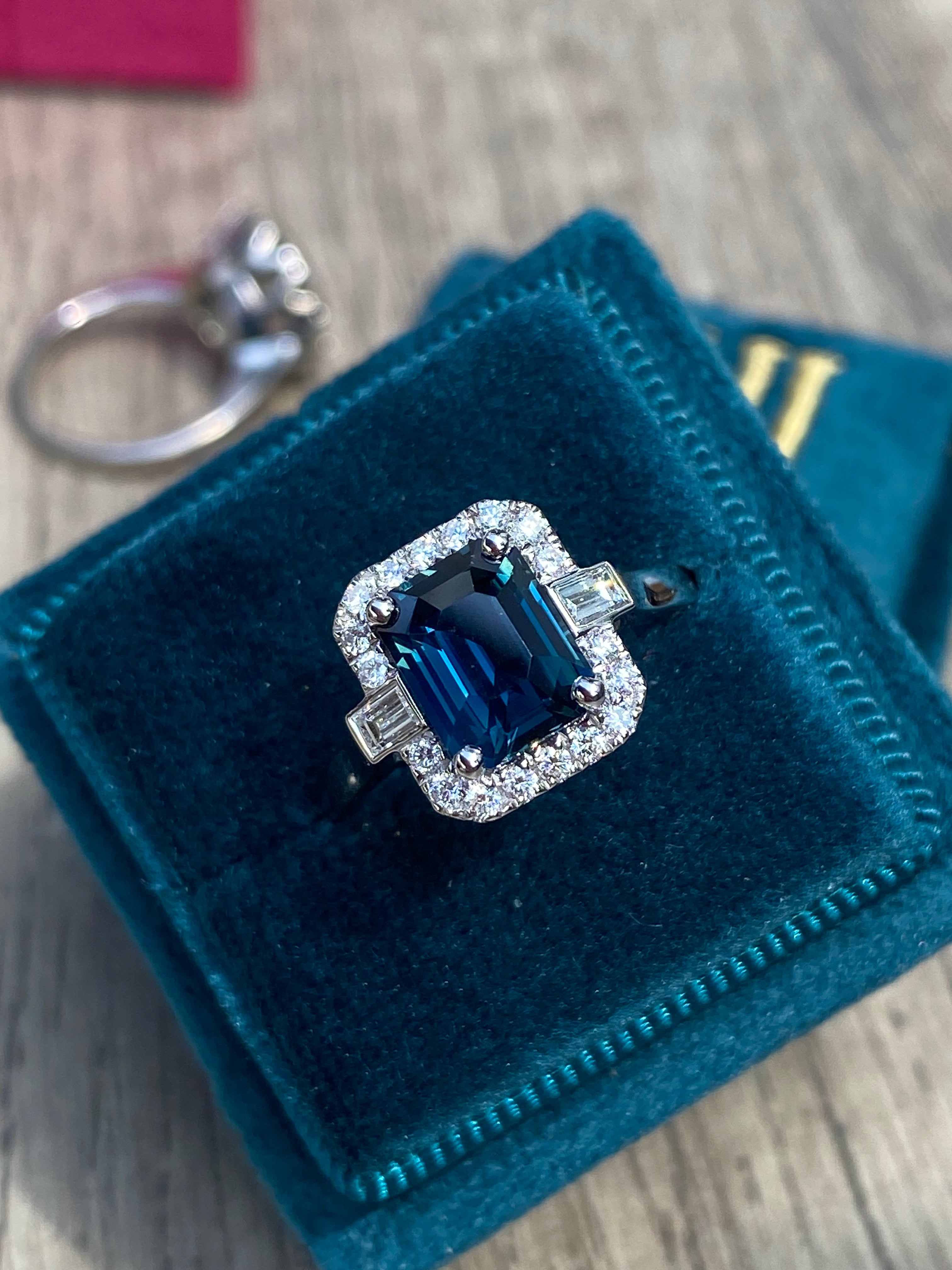 2.52 Carat Emerald Cut Teal Sapphire and Natural Diamond Halo Ring in Platinum