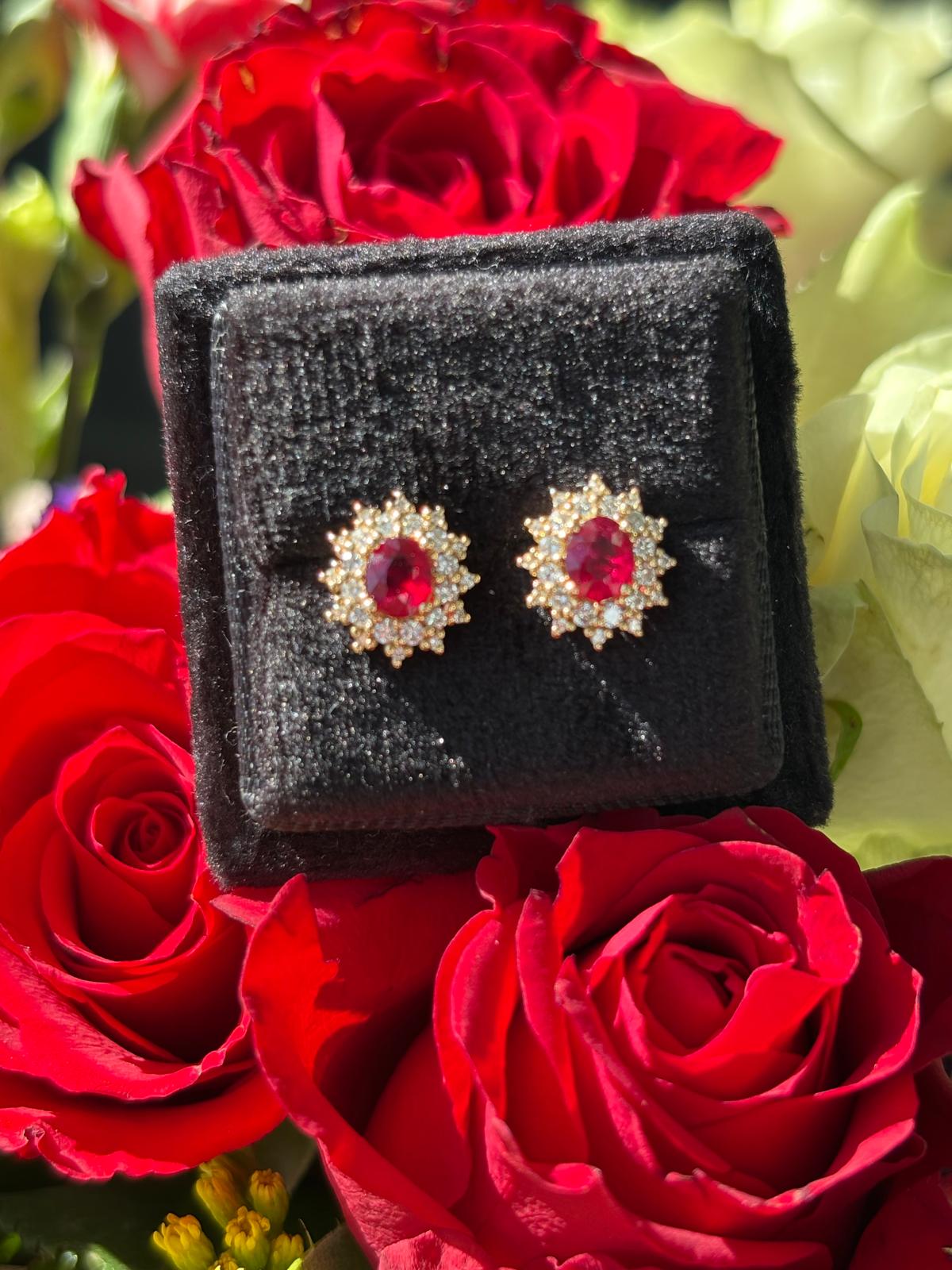 1.09 CTW Oval Cut Certified Ruby and Natural Diamond Halo Stud Earrings in 18ct Yellow Gold
