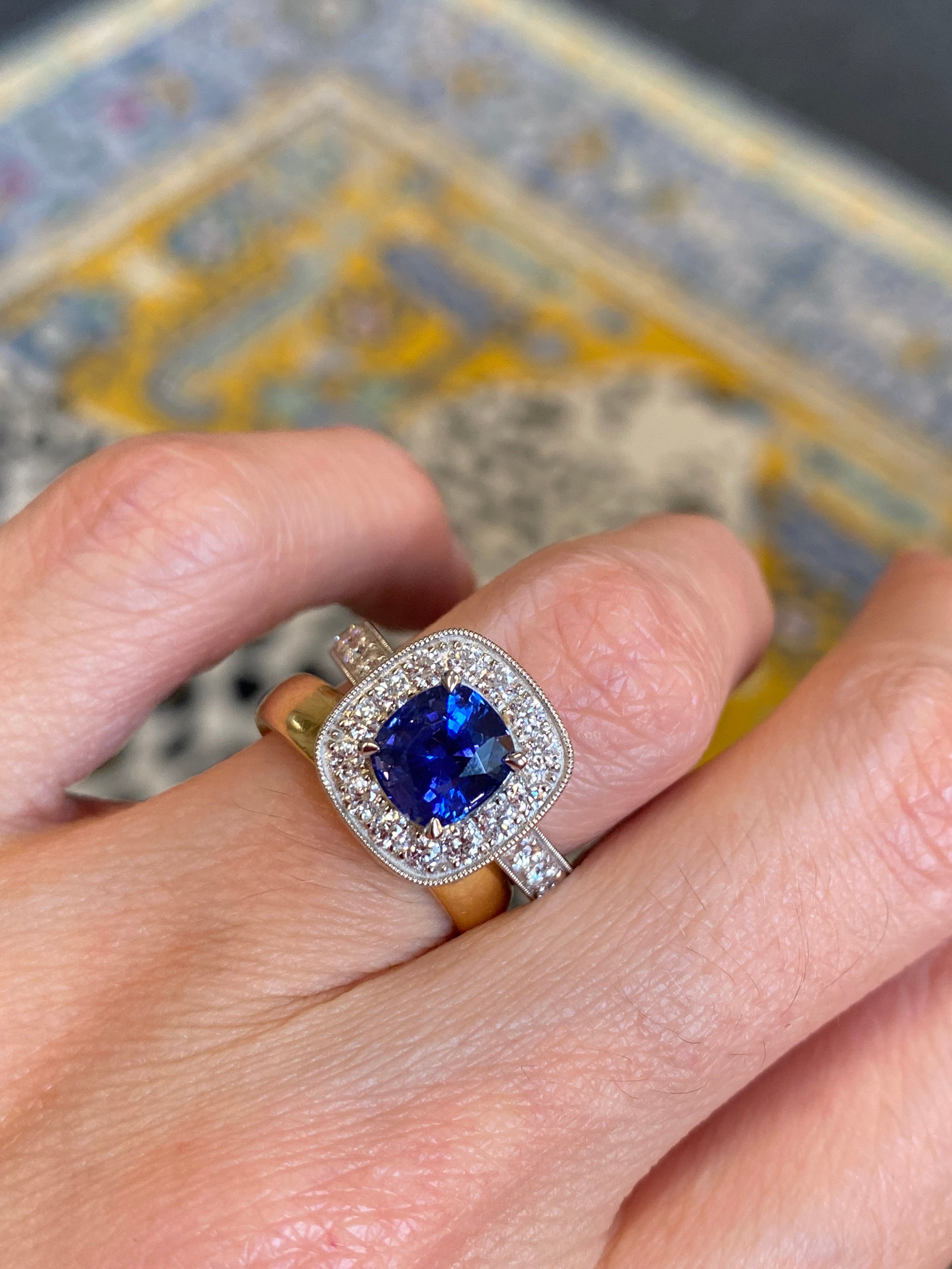2.24 Carat Blue Ceylon Sapphire and Natural Diamond Halo Ring in Platinum