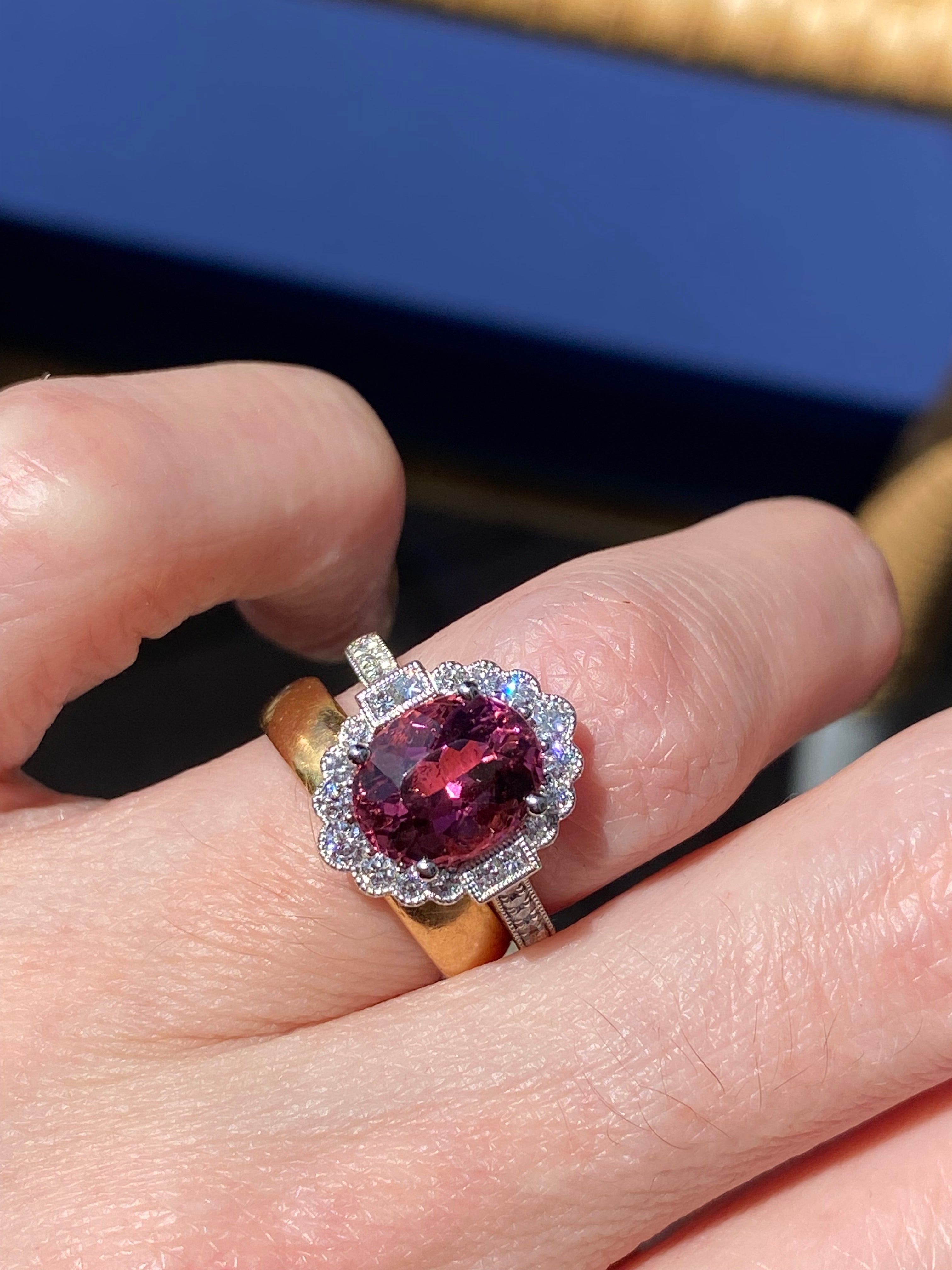 3.13 Carat Oval Cut Pink Tourmaline and Natural Diamond Ring in Platinum