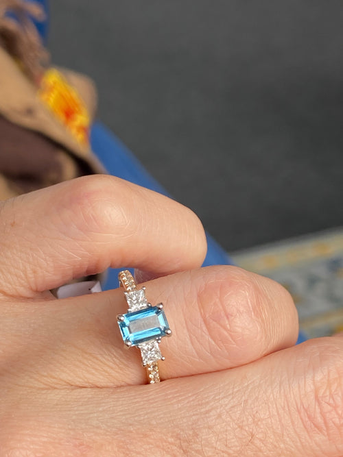 1.18 CTW Aquamarine and Natural Diamond Three Stone Ring in Platinum and 18ct Yellow Gold