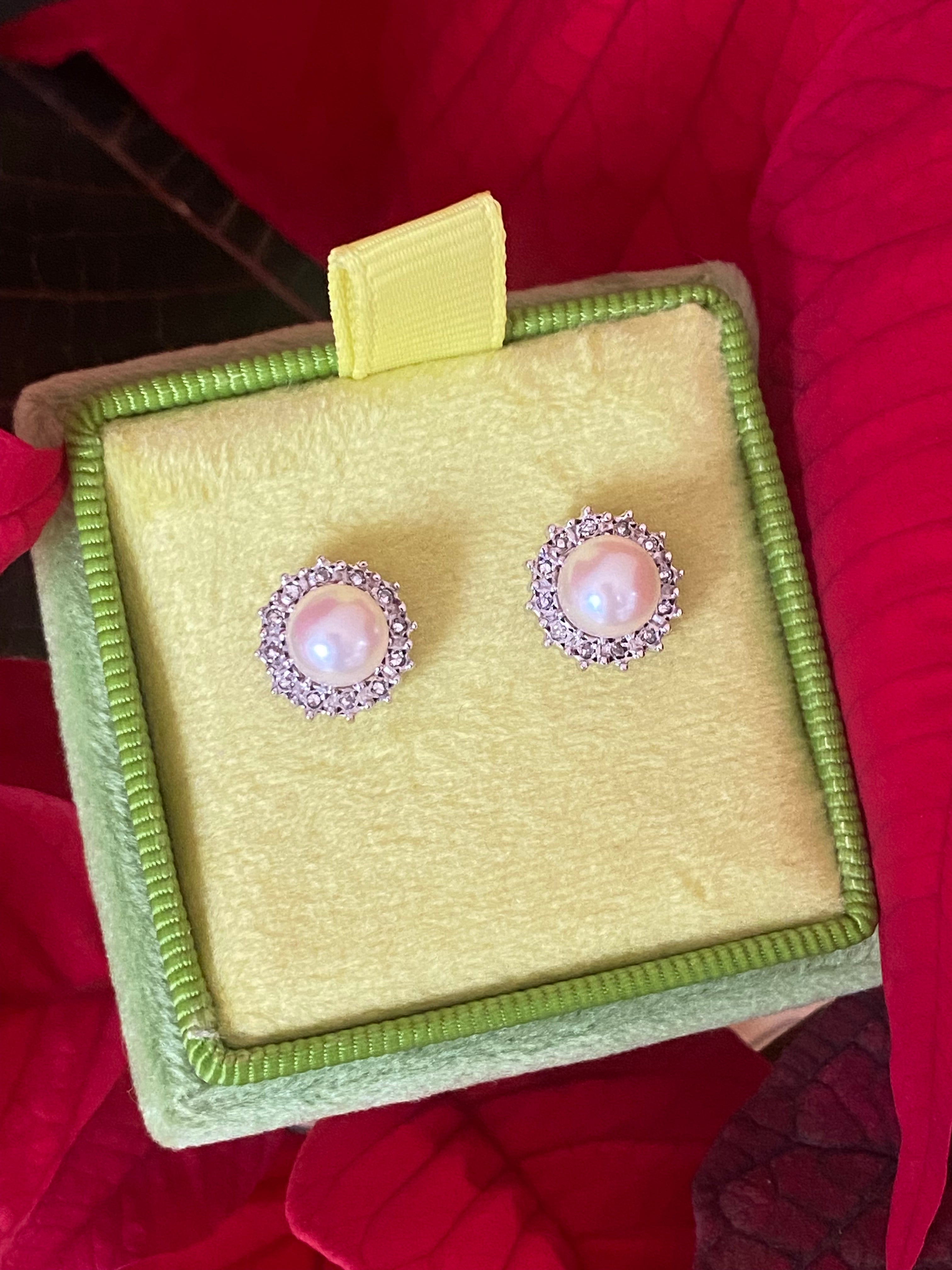 Vintage Pearl and Natural Diamond Stud Earrings in 9ct Yellow Gold