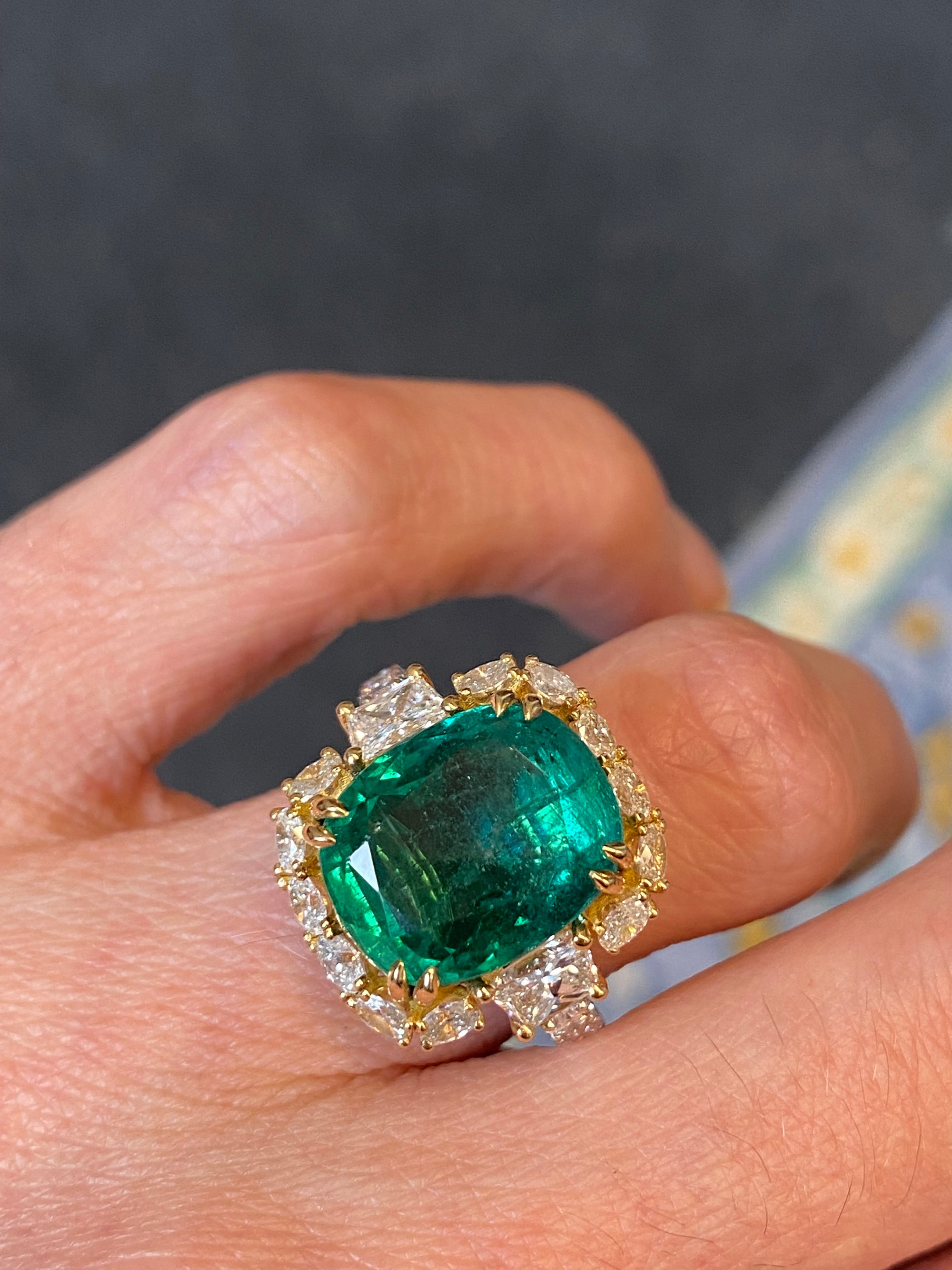 8.75 Carat Cushion Cut Zambian Emerald and 2.53 CTW Natural Diamond Halo Ring in Platinum and 18ct Yellow Gold