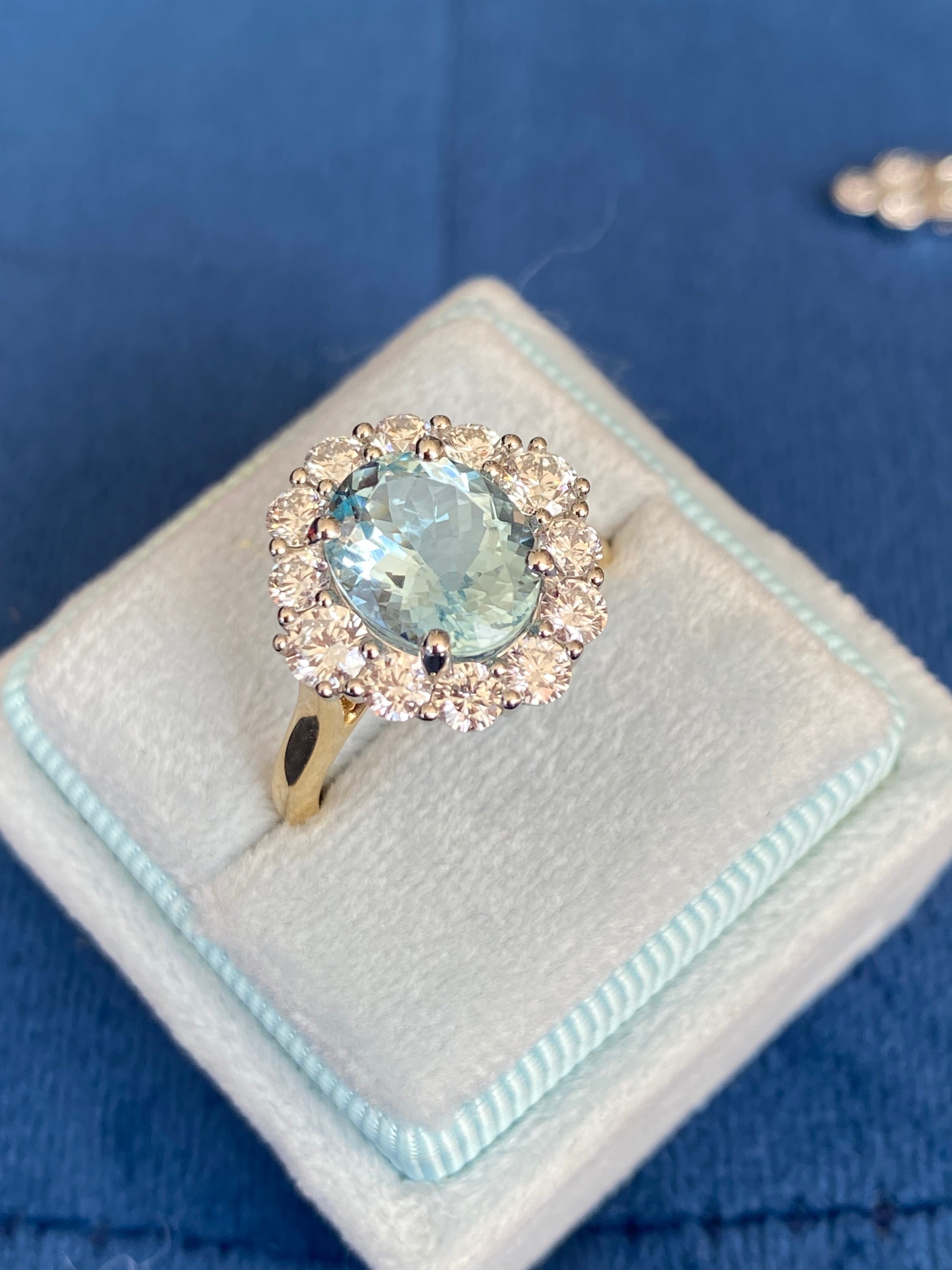 3.53 CTW Aquamarine and Natural Diamond Halo Ring in Platinum and 18ct Yellow Gold