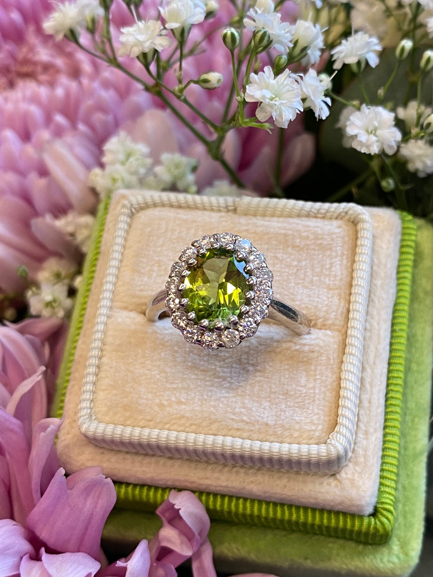 2.33 CTW Oval Cut Peridot and Moissanite Halo Cocktail Ring in Sterling Silver
