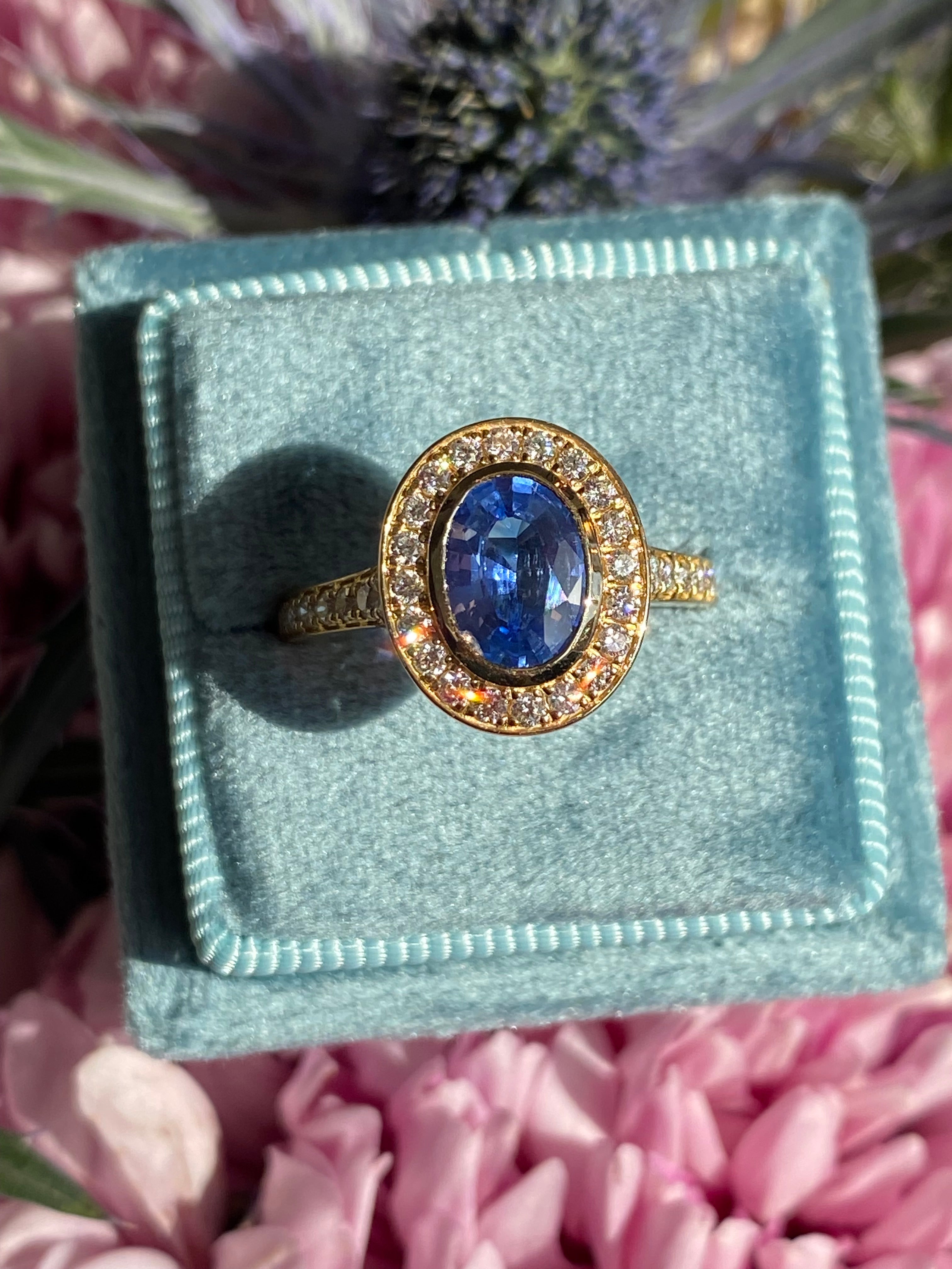 1.64 CTW Violet Sapphire and Natural Diamond Halo Ring in 18ct Yellow Gold
