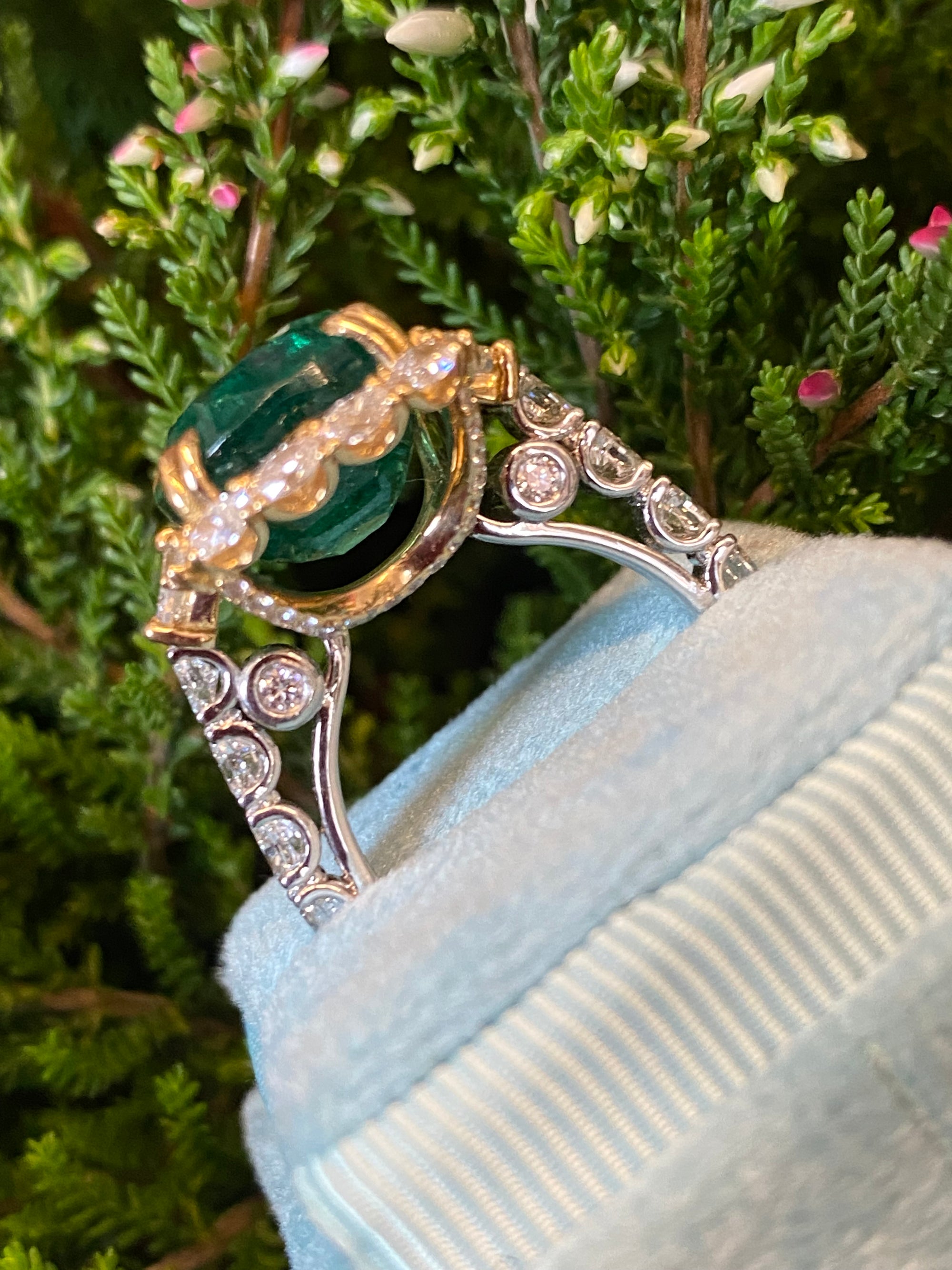 8.75 Carat Cushion Cut Zambian Emerald and 2.53 CTW Natural Diamond Halo Ring in Platinum and 18ct Yellow Gold