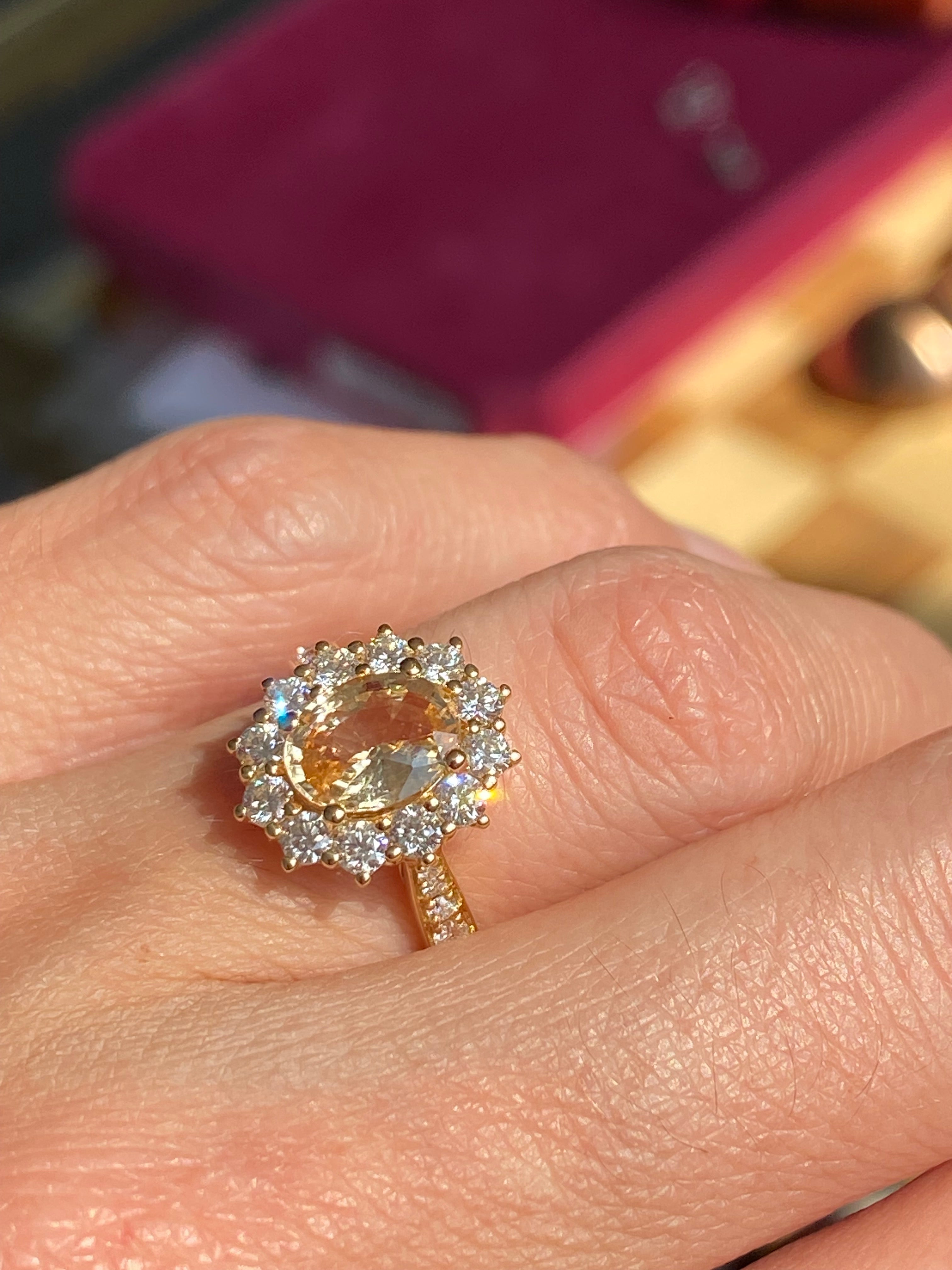2.24 CTW Peach Sapphire and Natural Diamond Halo Ring in 18ct Yellow Gold