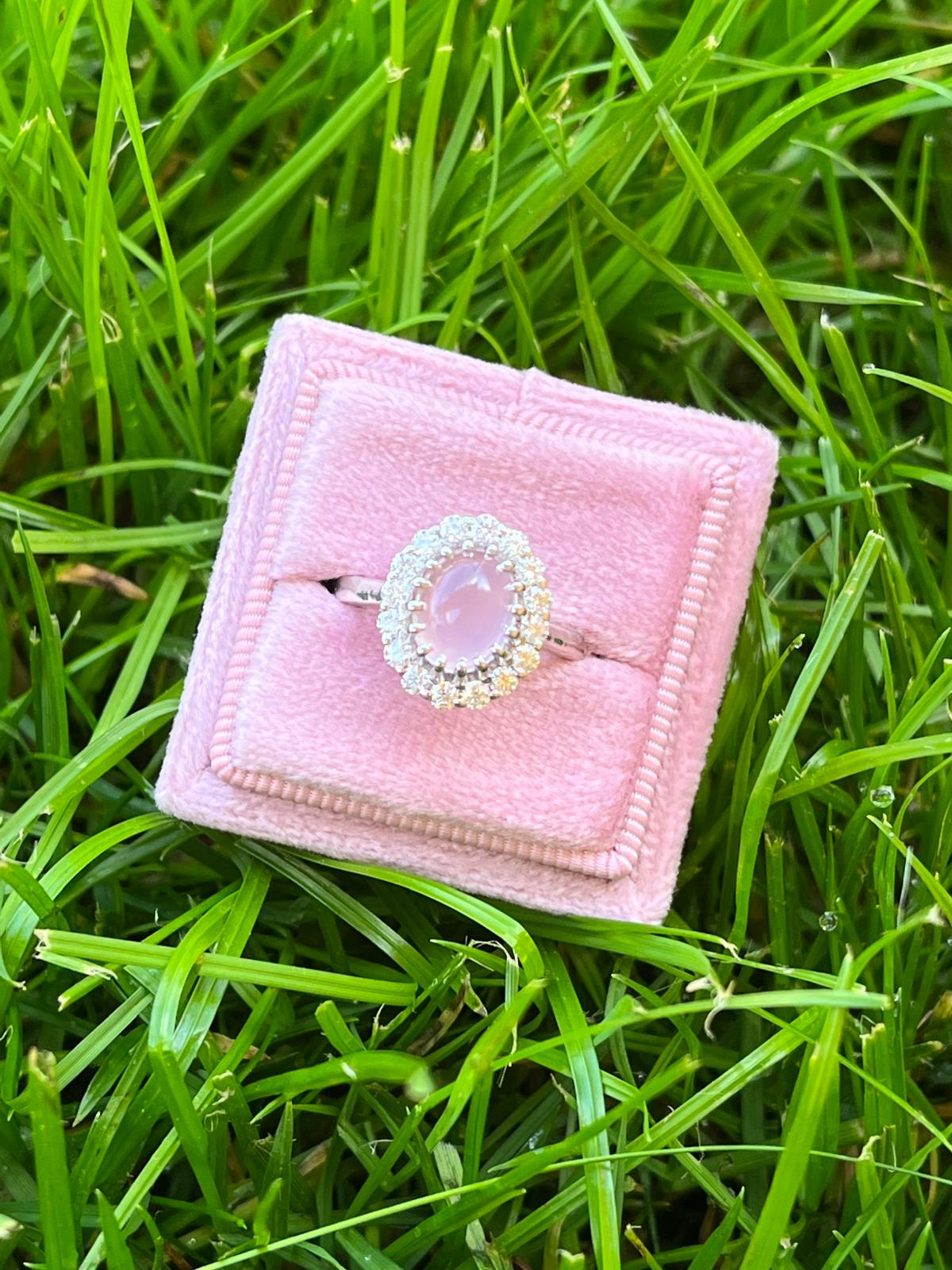 3.50 CTW Oval Cabochon Cut Rose Quartz and Moissanite Halo Cocktail Ring