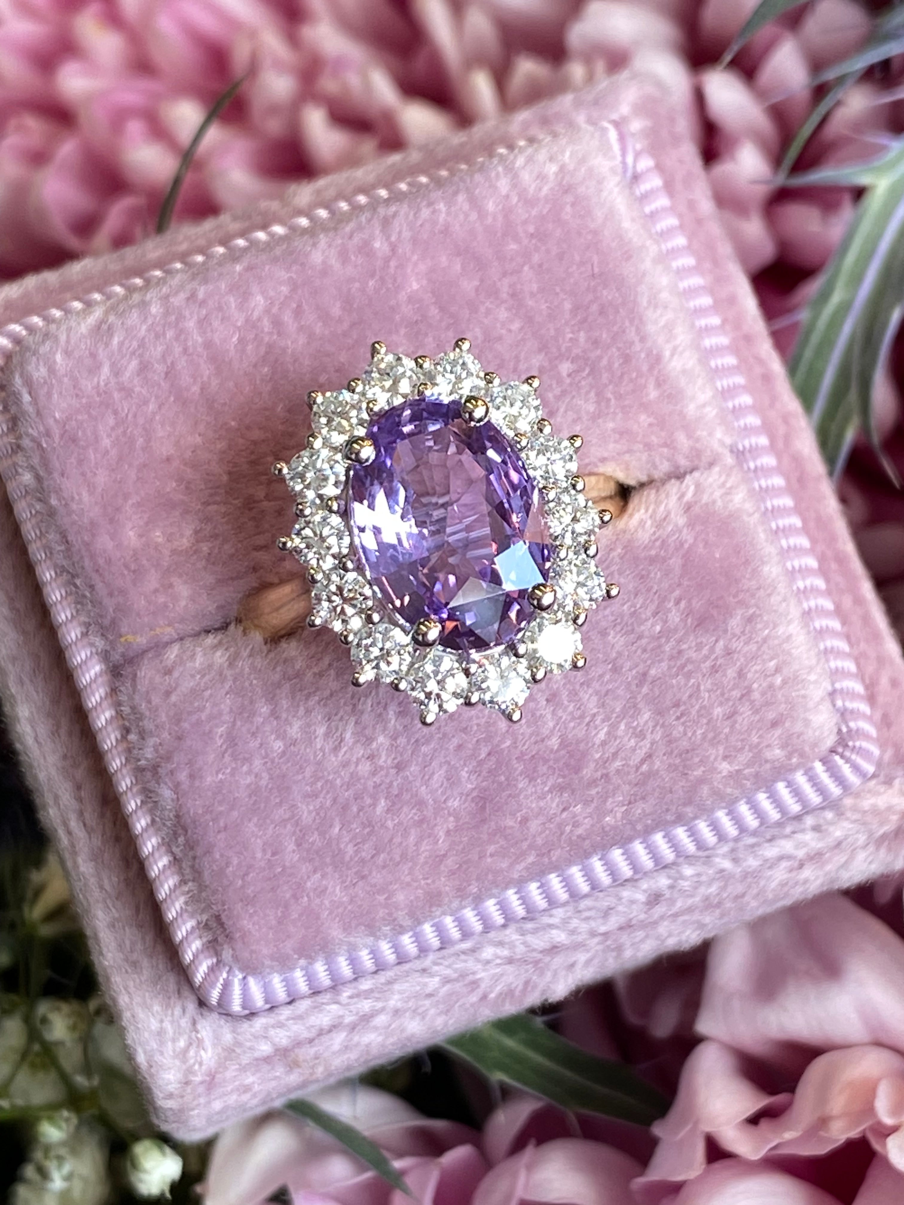 3.52 Carat No Heat Purple Sapphire and Natural Diamond Halo Ring in Platinum and 18ct Yellow Gold