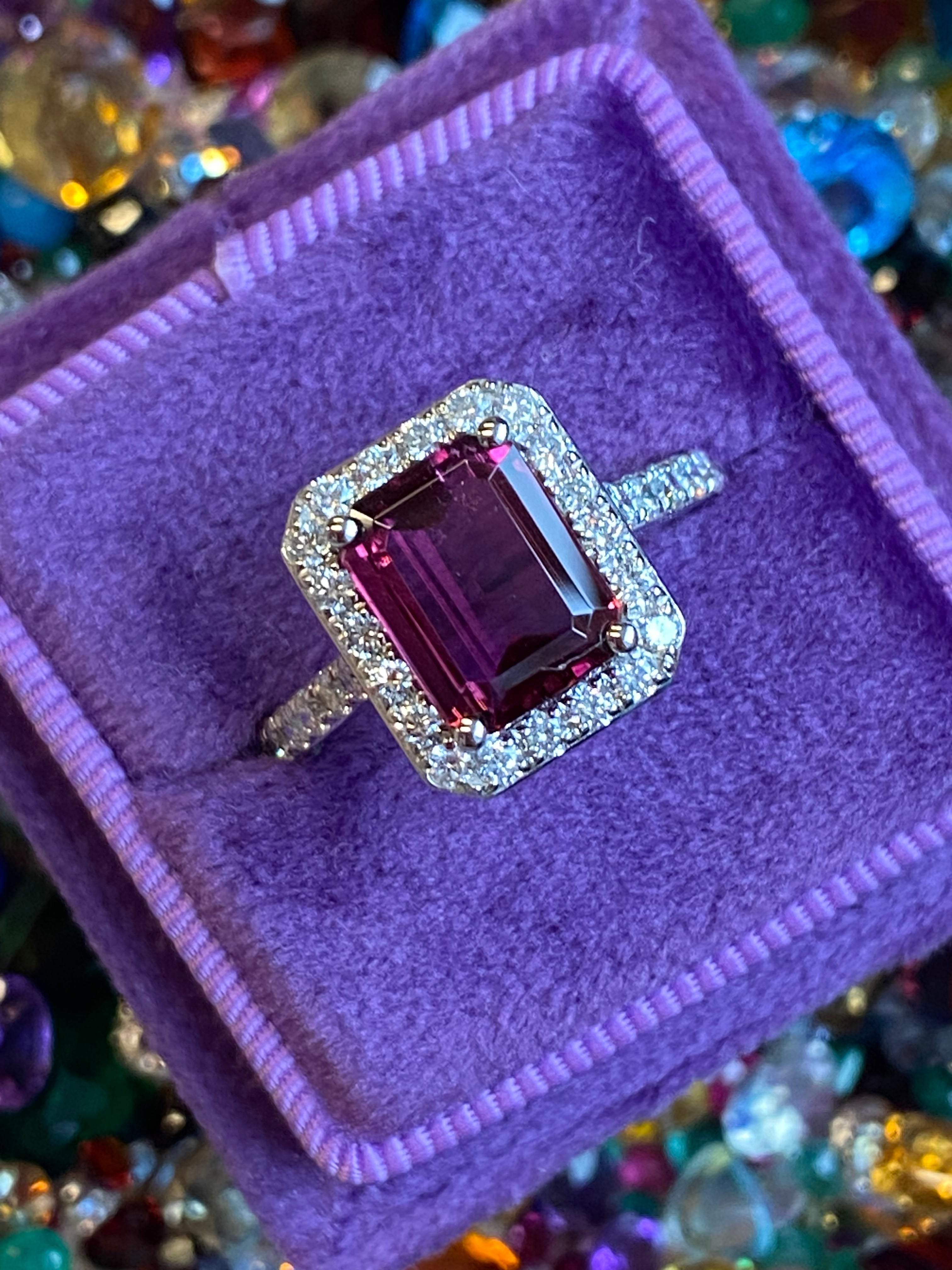 2.71 CTW Emerald Cut Pink Tourmaline and Natural Diamond Halo Ring in Platinum