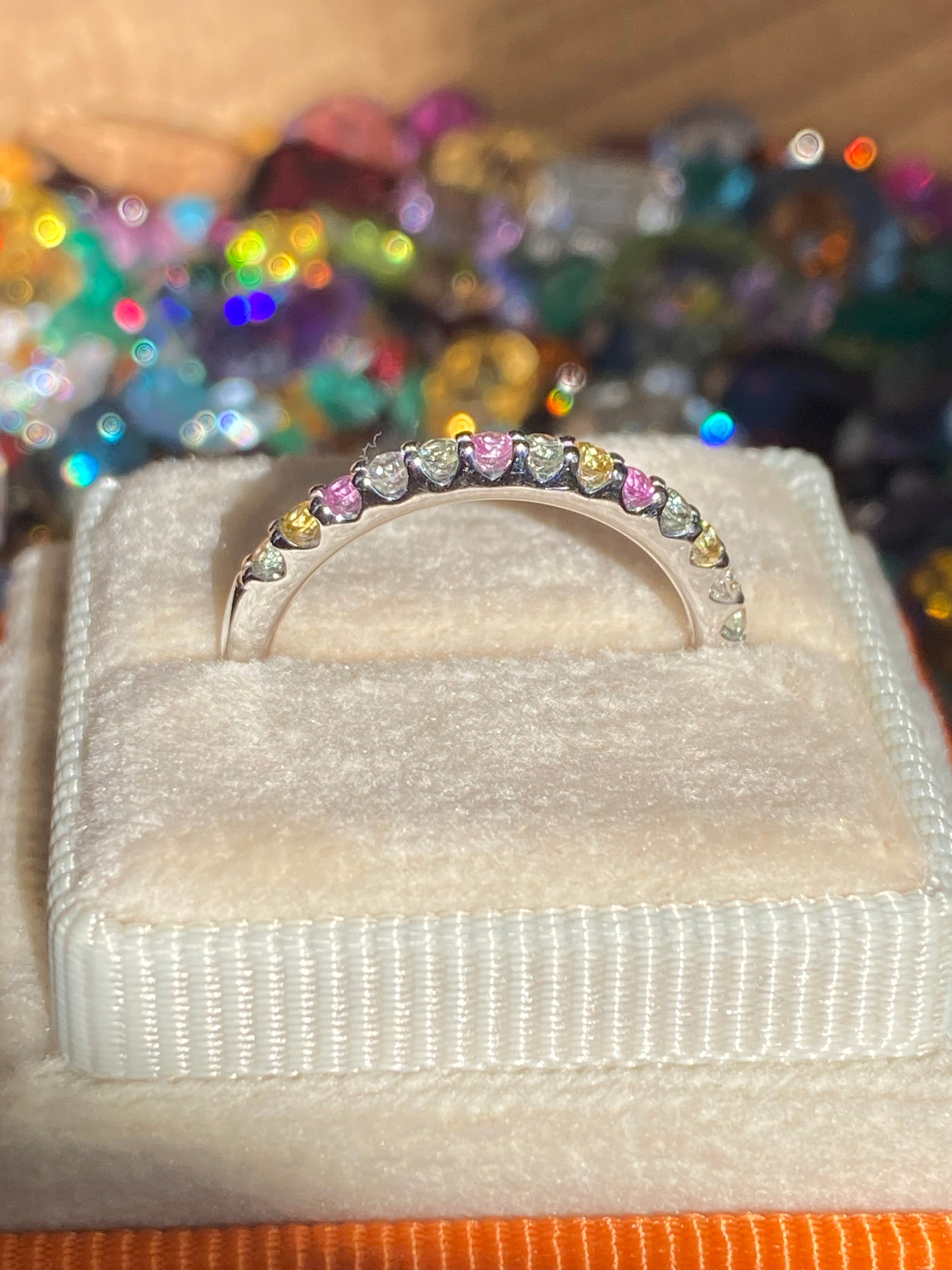 0.37 CTW Sweetshop Yellow, Pink, and Green Sapphire, and Natural Diamond Eternity Ring in 18ct White Gold