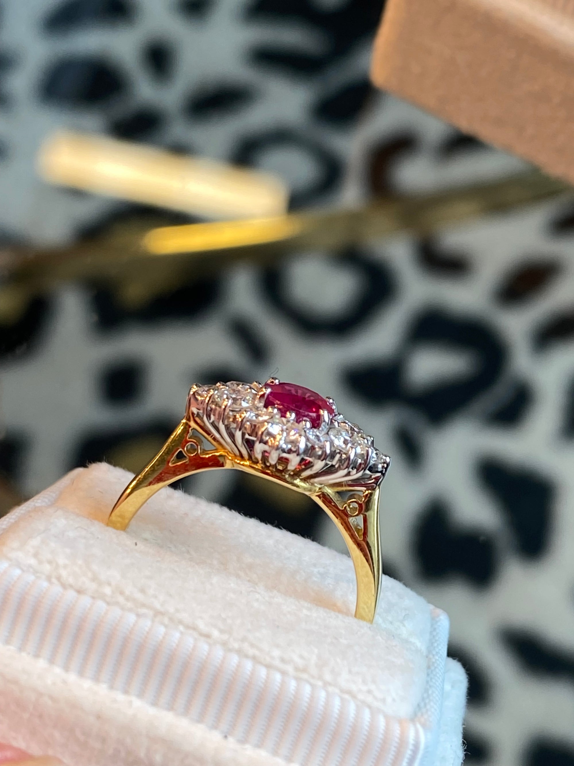 1.31 CTW Round-Cut Ruby and Natural Diamond Halo Ring in 18ct White and Yellow Gold