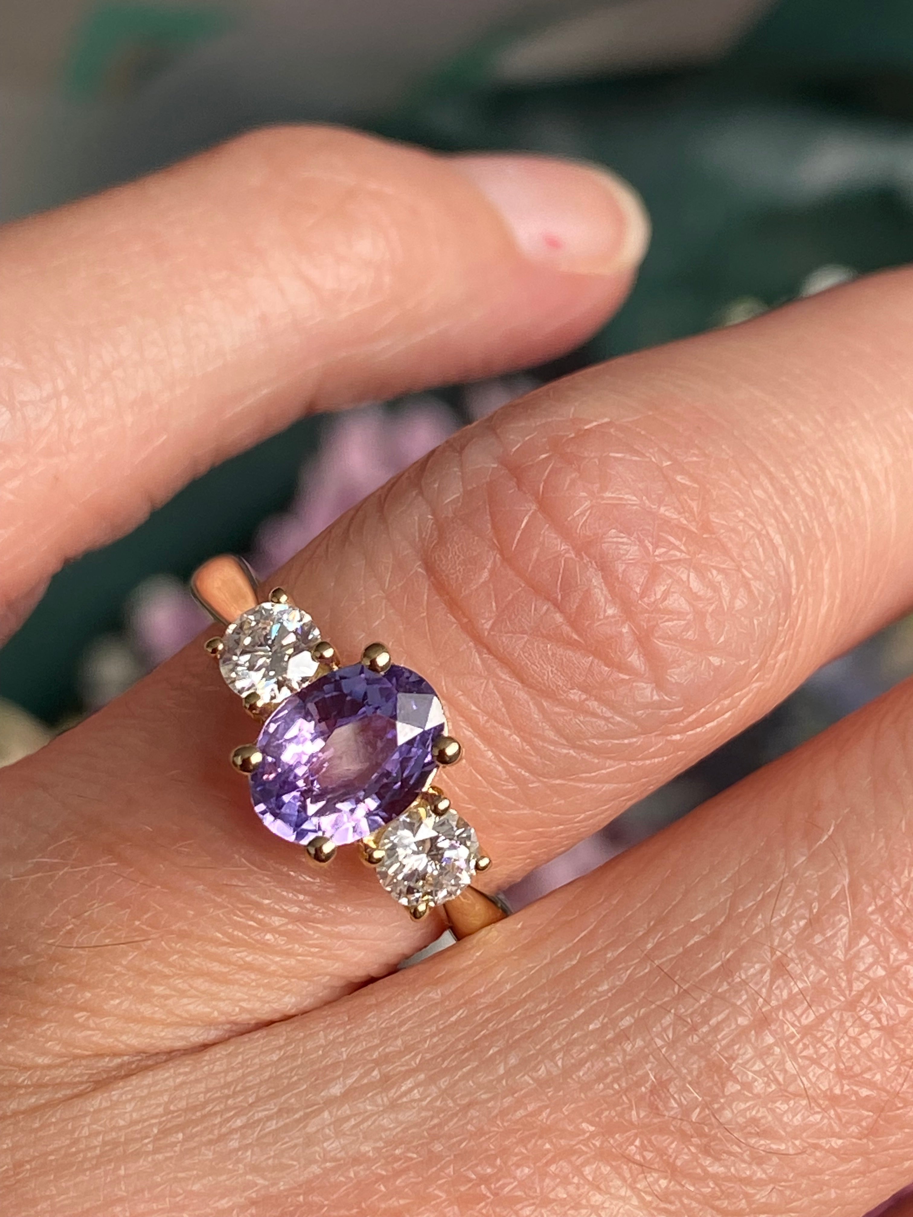 1.82 CTW Purple Sapphire and Natural Diamond Three Stone Ring in 18ct Yellow Gold