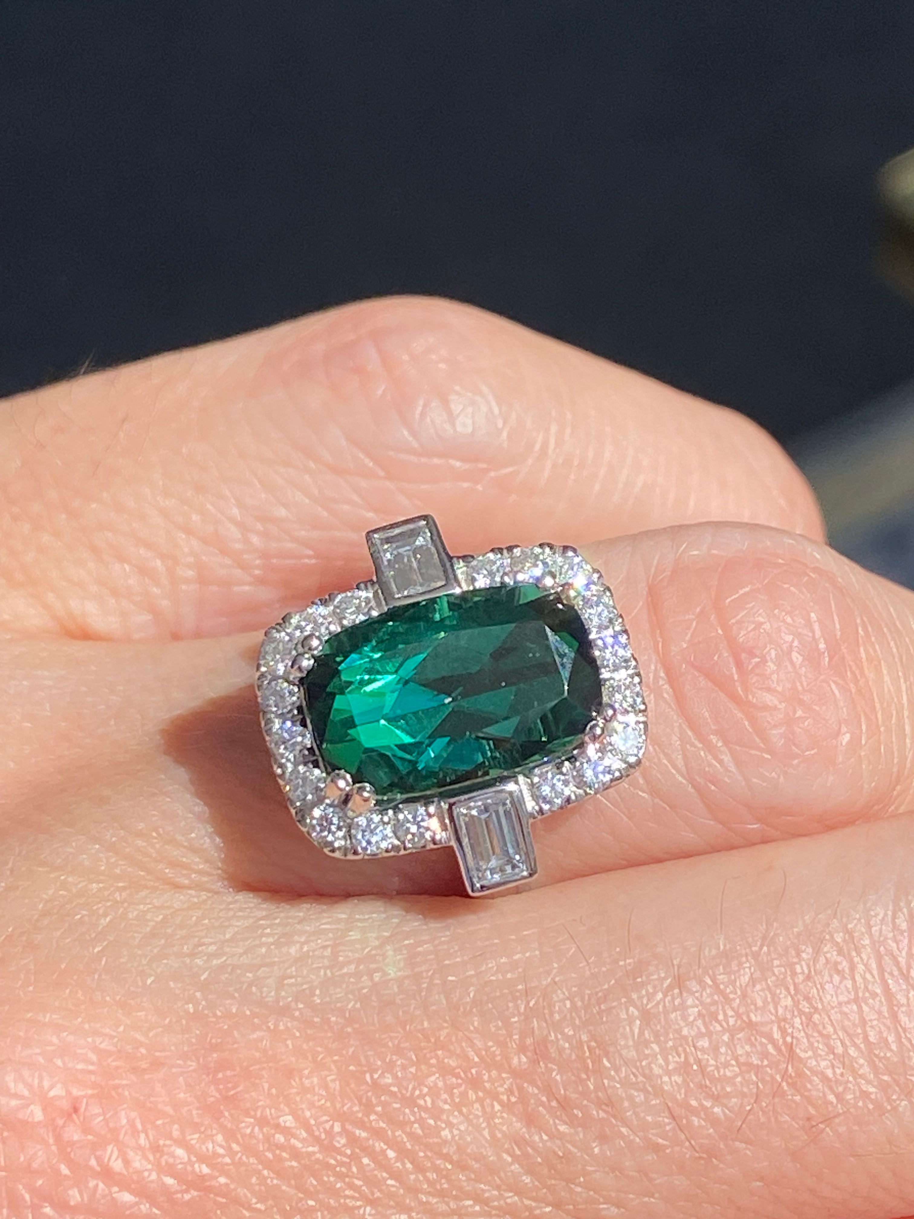 6.35 CTW Cut Teal Tourmaline and Natural Diamond Ring in Platinum