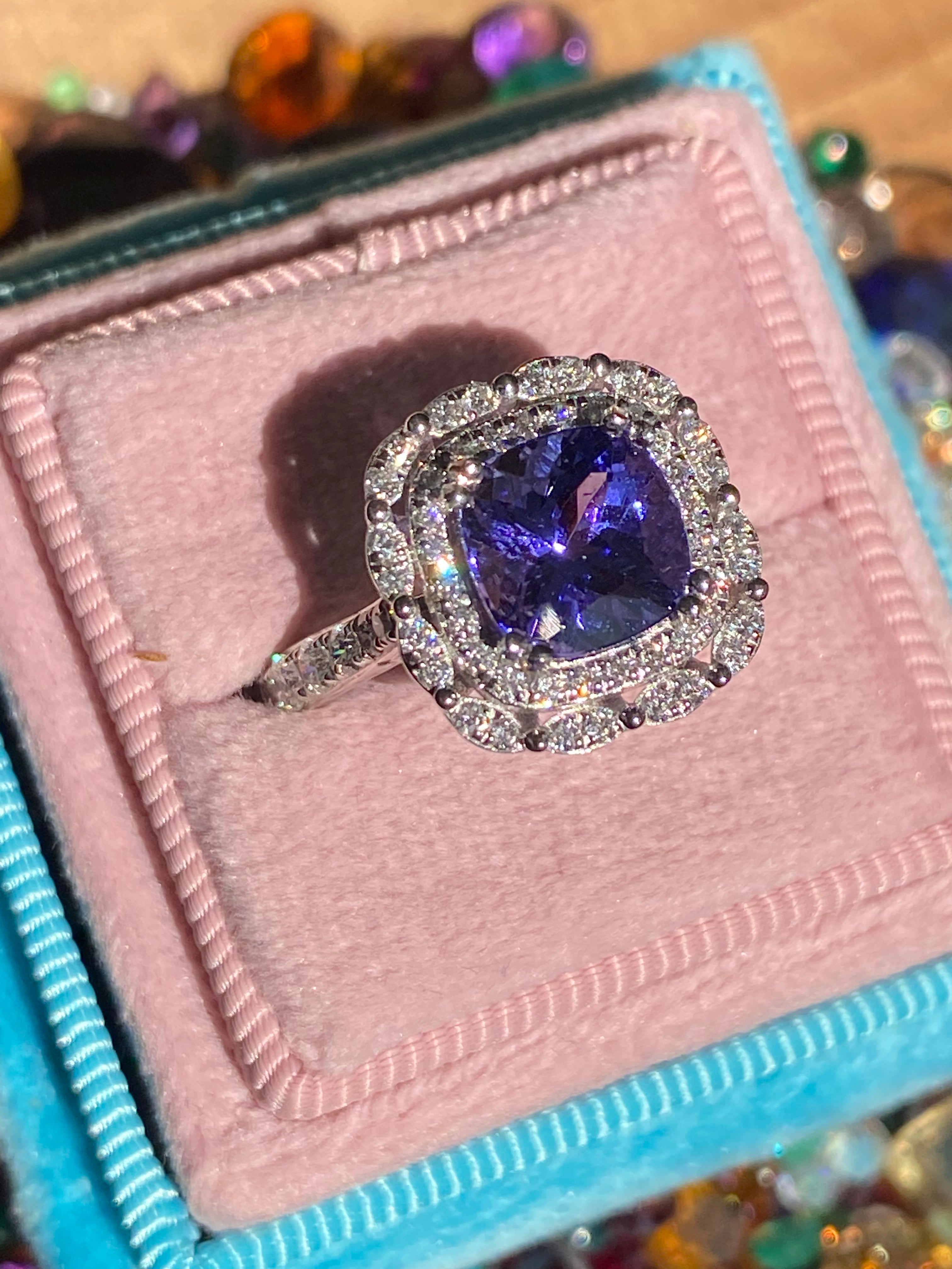 2.36 Carat Cushion Cut Tanzanite and 0.71 ctw Natural Diamond Ring in Platinum