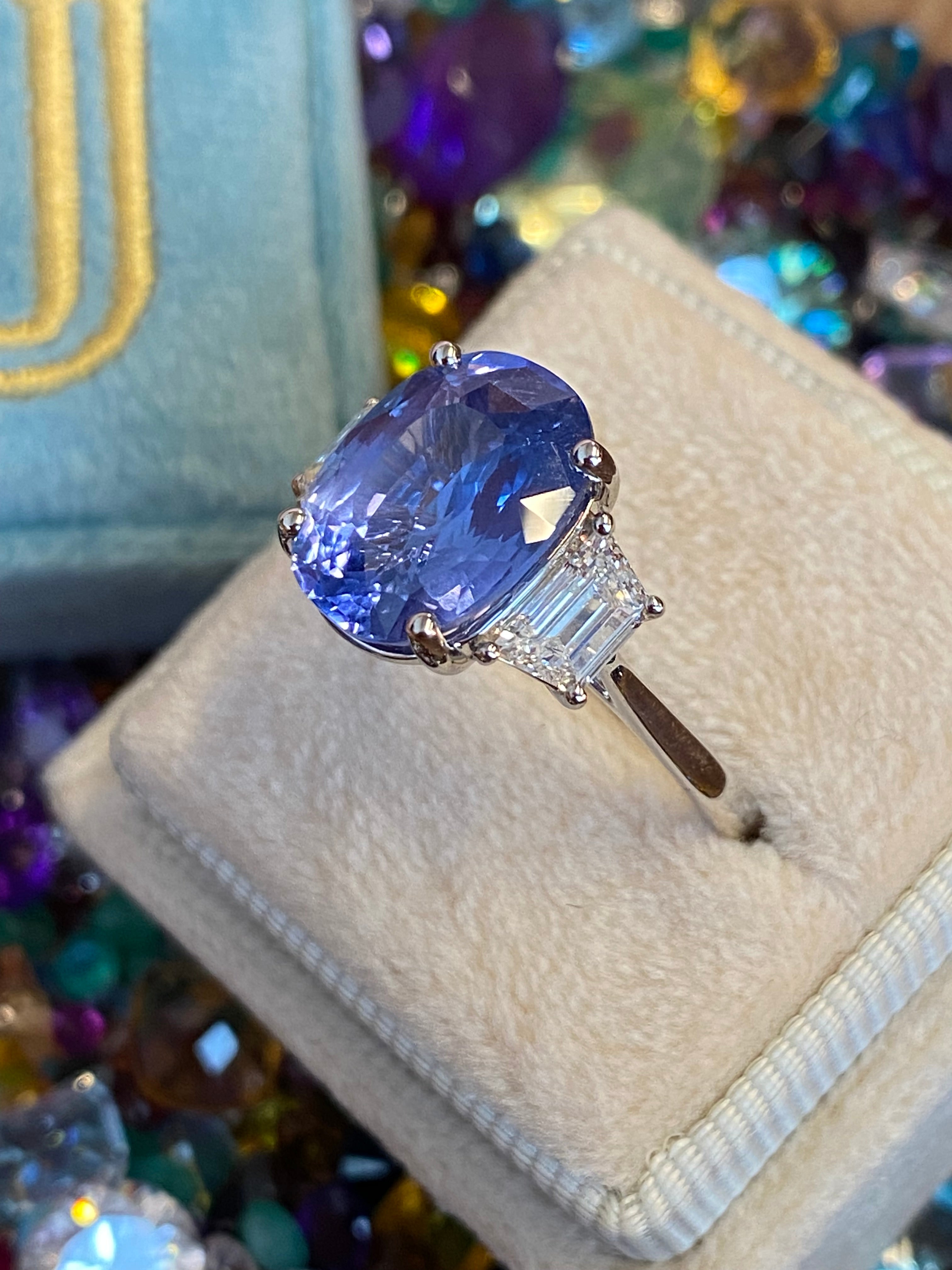 6.25 Carat Unheated Blue Ceylon Sapphire and 0.95 Carat Diamond Ring