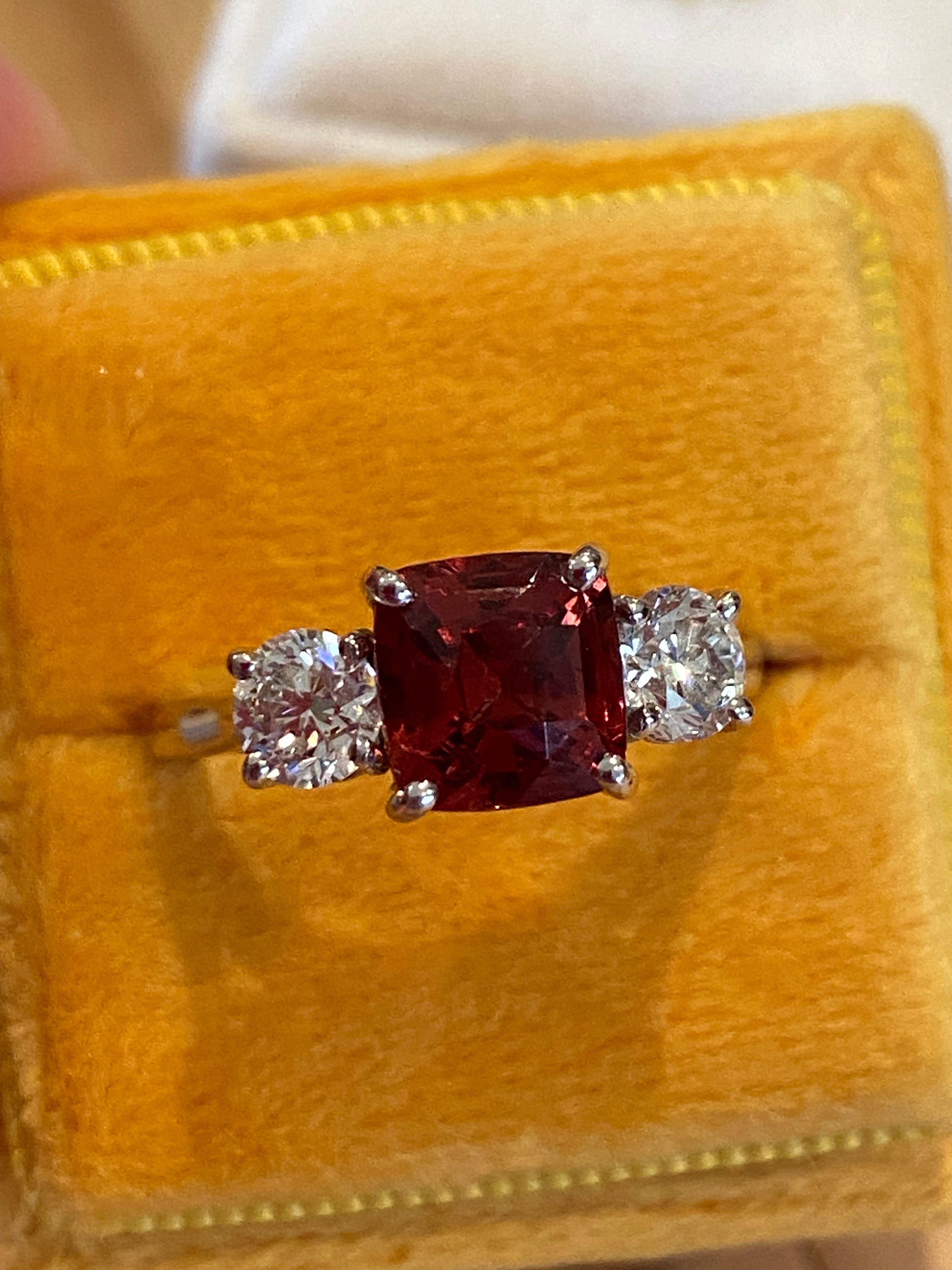 3.28 CTW Rhodolite Garnet and Natural Diamond Three Stone Ring in Platinum