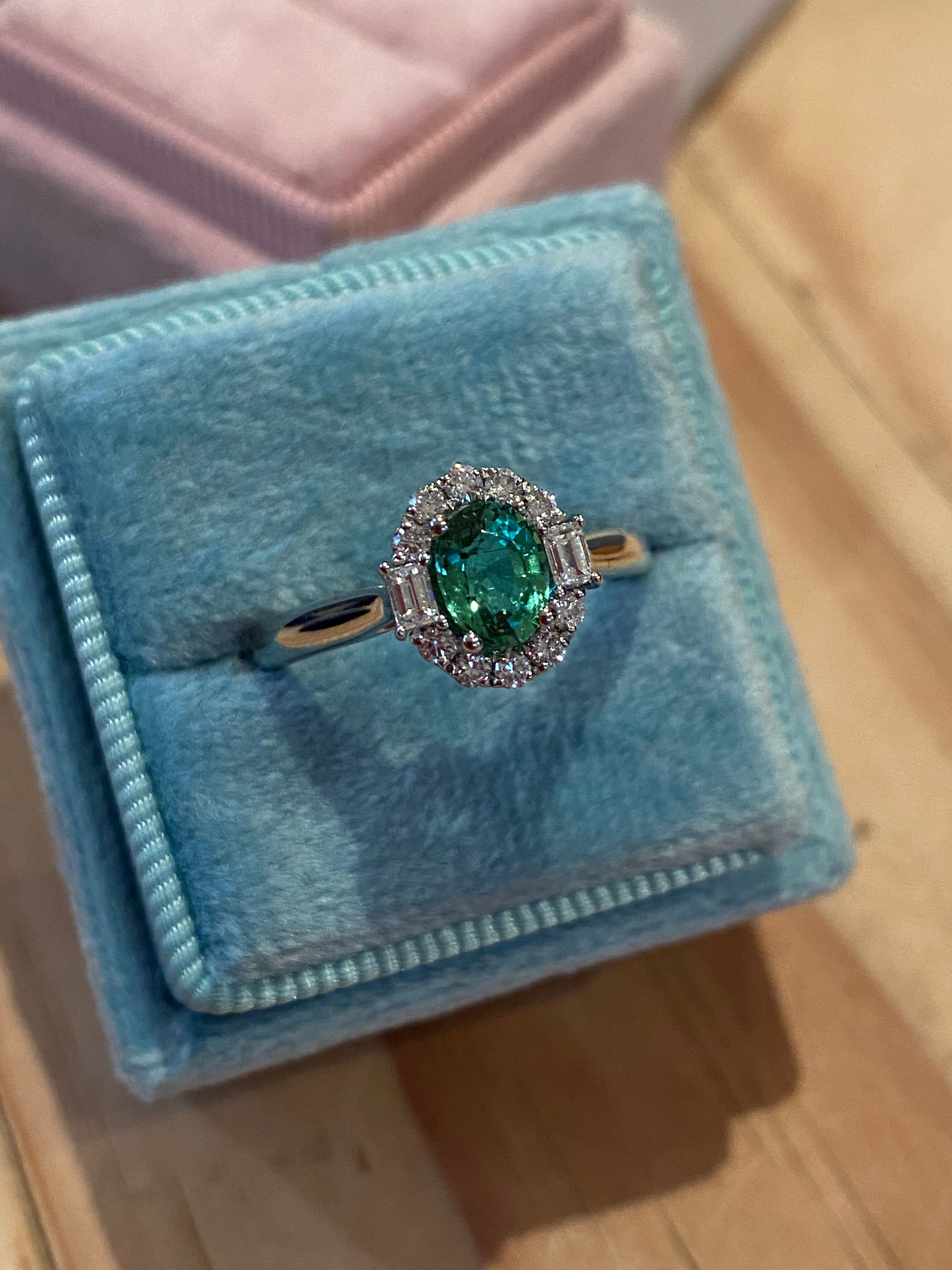 0.94 CTW Oval Cut Green Tourmaline and Natural Diamond Halo Ring in Platinum