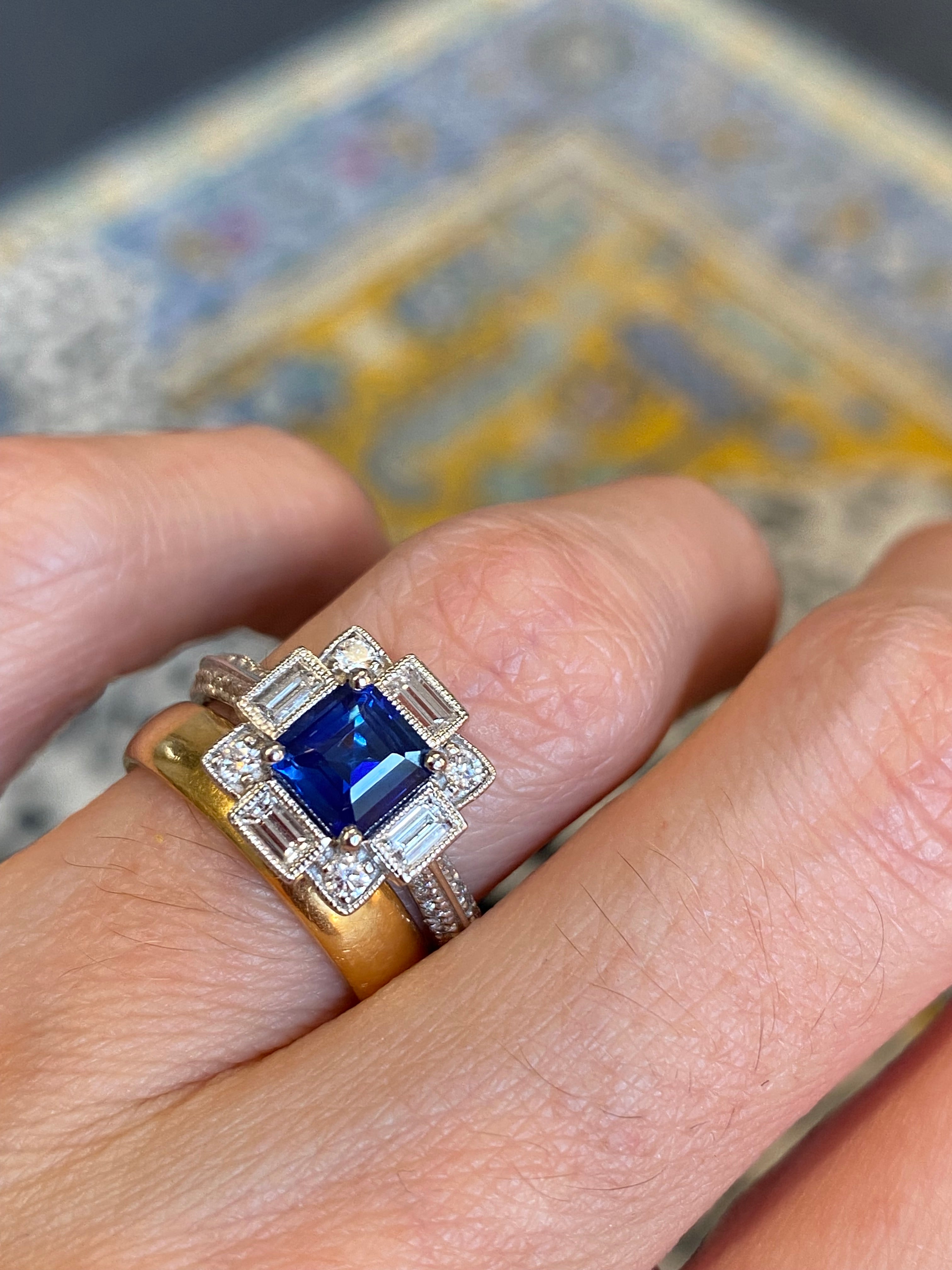 1.79 CTW Blue Ceylon Sapphire and Natural Diamond Art Deco Style Halo Ring in Platinum