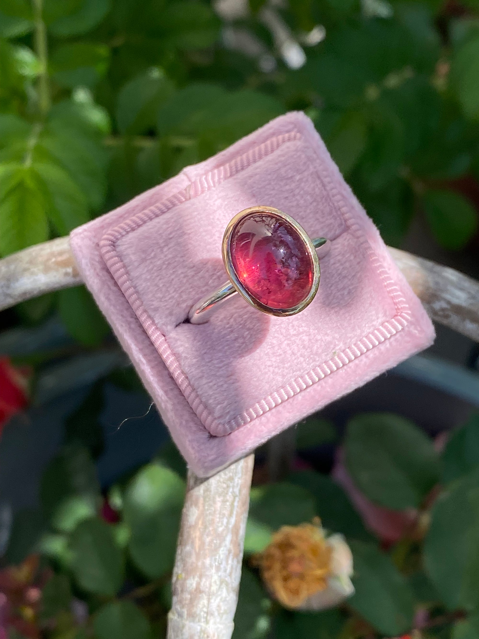 Cabochon Cut Pink Tourmaline Ring in Sterling Silver and 18ct Yellow Gold