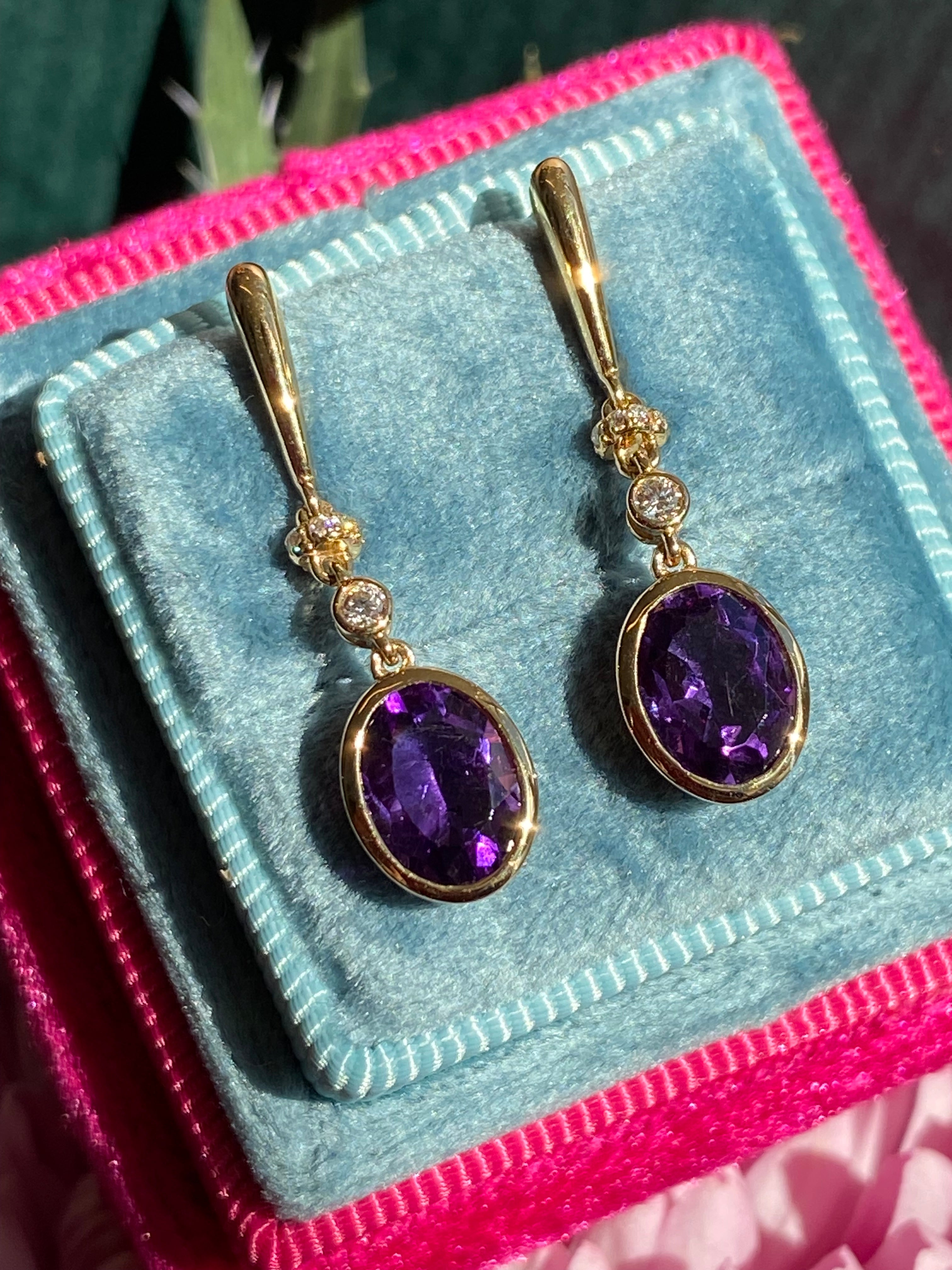2.47 CTW Amethyst and Diamond Drop Earrings in 18ct Yellow Gold