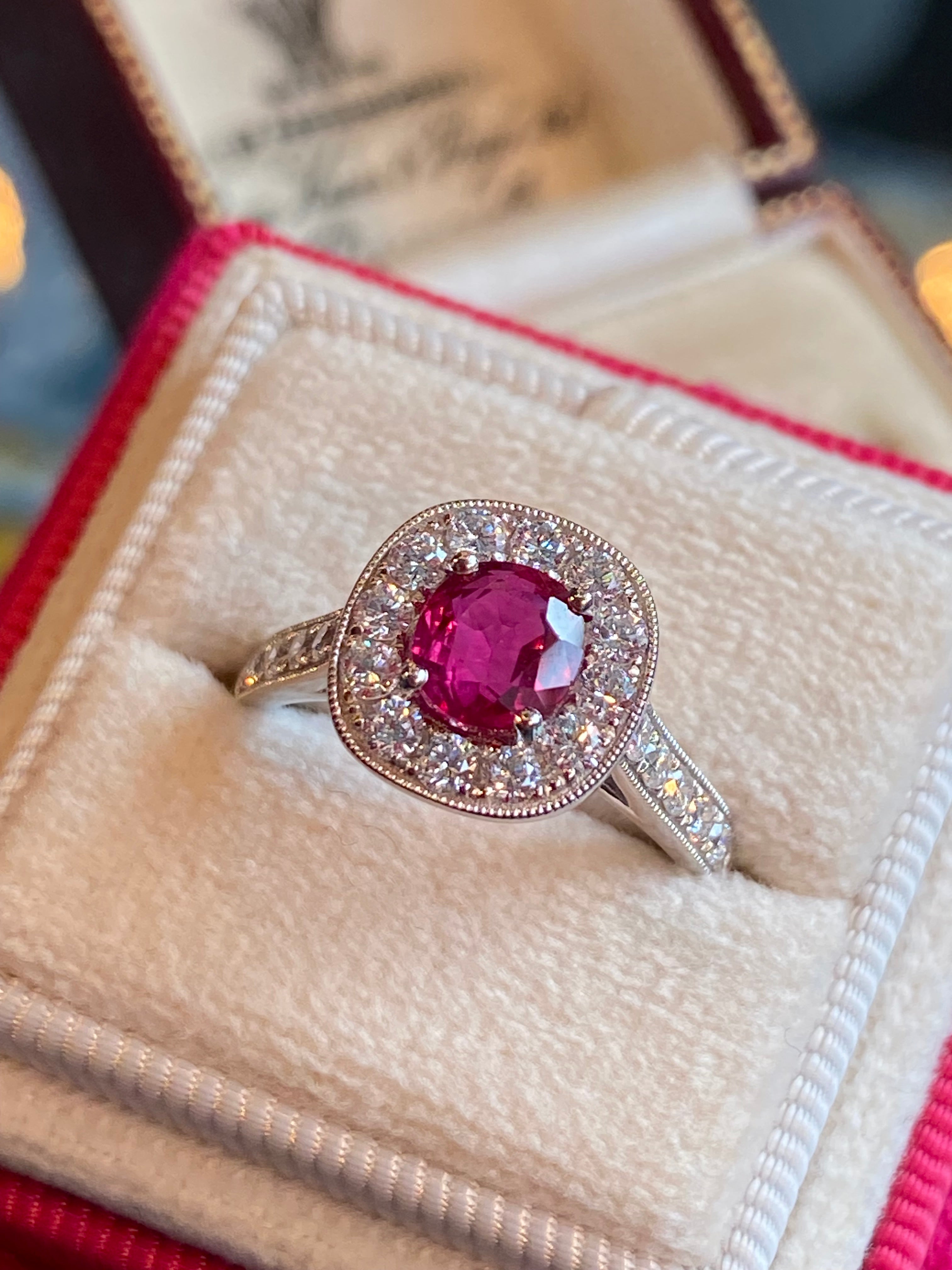 1.89 CTW Oval-Cut Ruby and Natural Diamond Halo Ring in Platinum