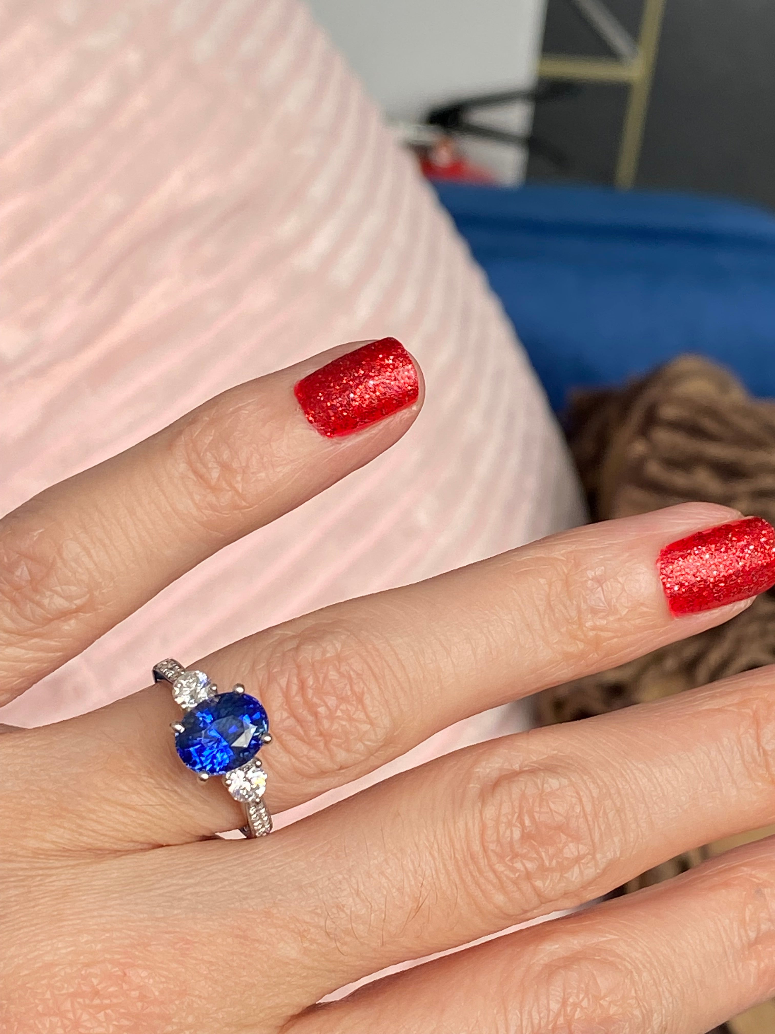 3.68 CTW Blue Ceylon Sapphire and Natural Diamond Three Stone Engagement Ring in Platinum