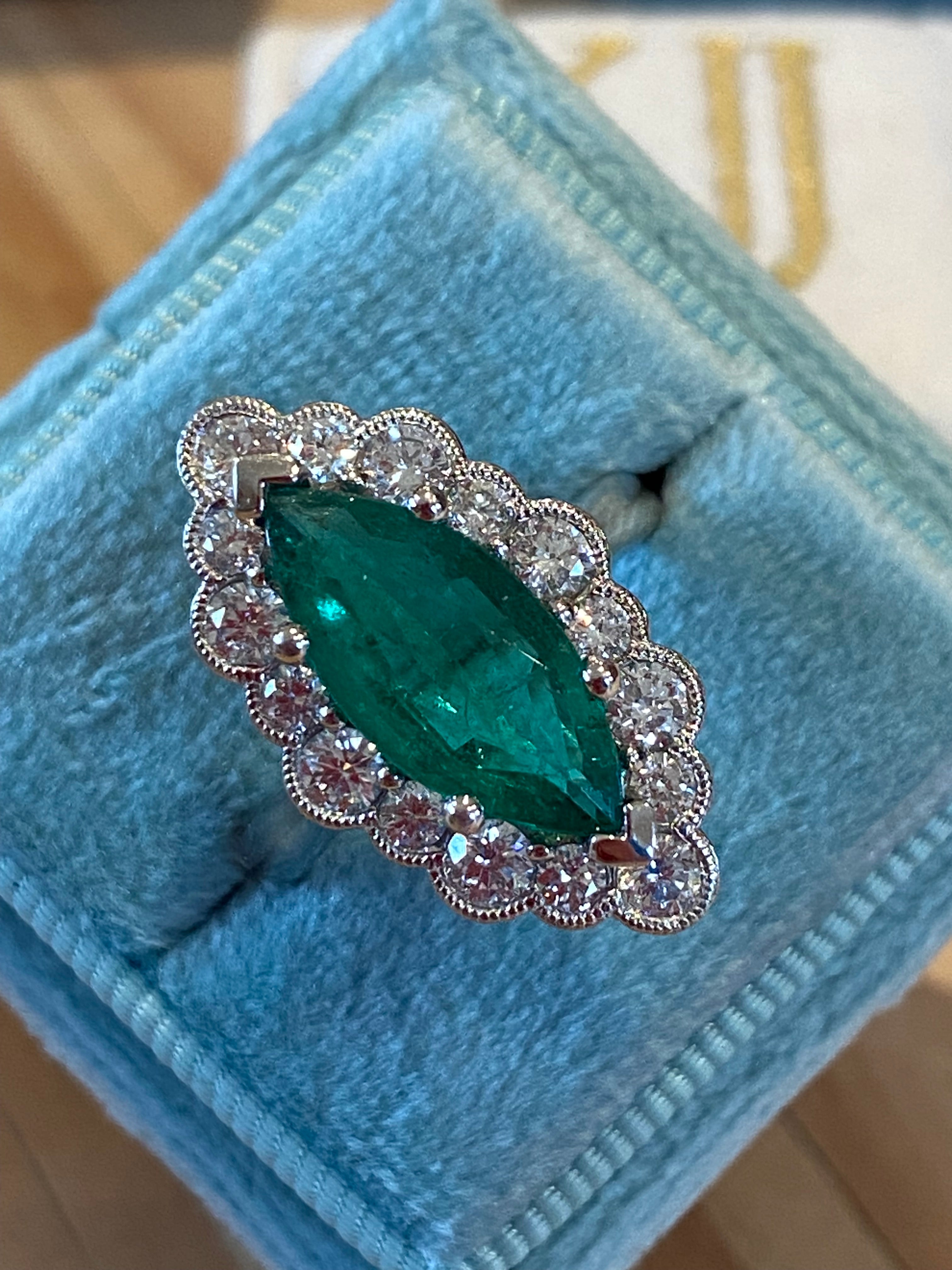 3.47 CTW Marquise Cut Emerald and Natural Diamond Halo Ring in Platinum