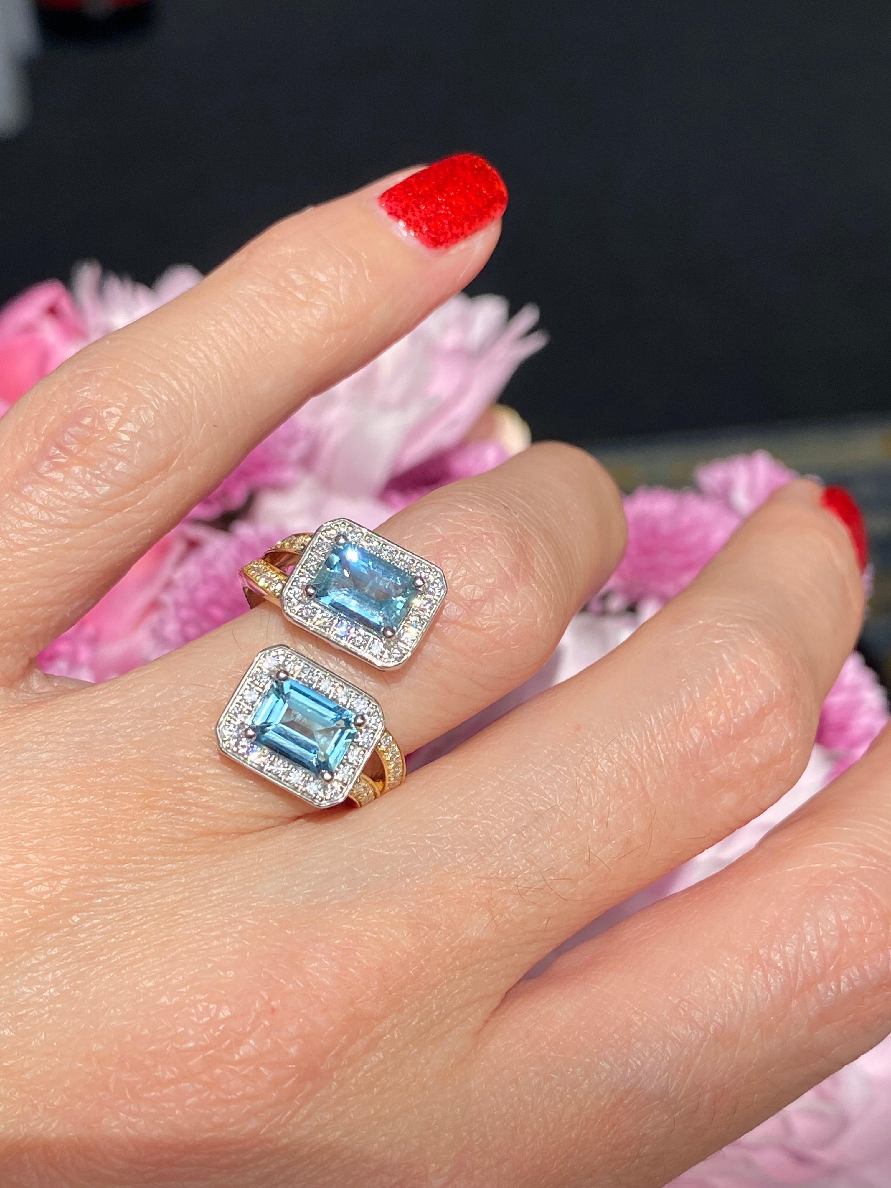 2.25ctw Aquamarine and Natural Diamond Toi et Moi Ring in Platinum and 18ct Yellow Gold