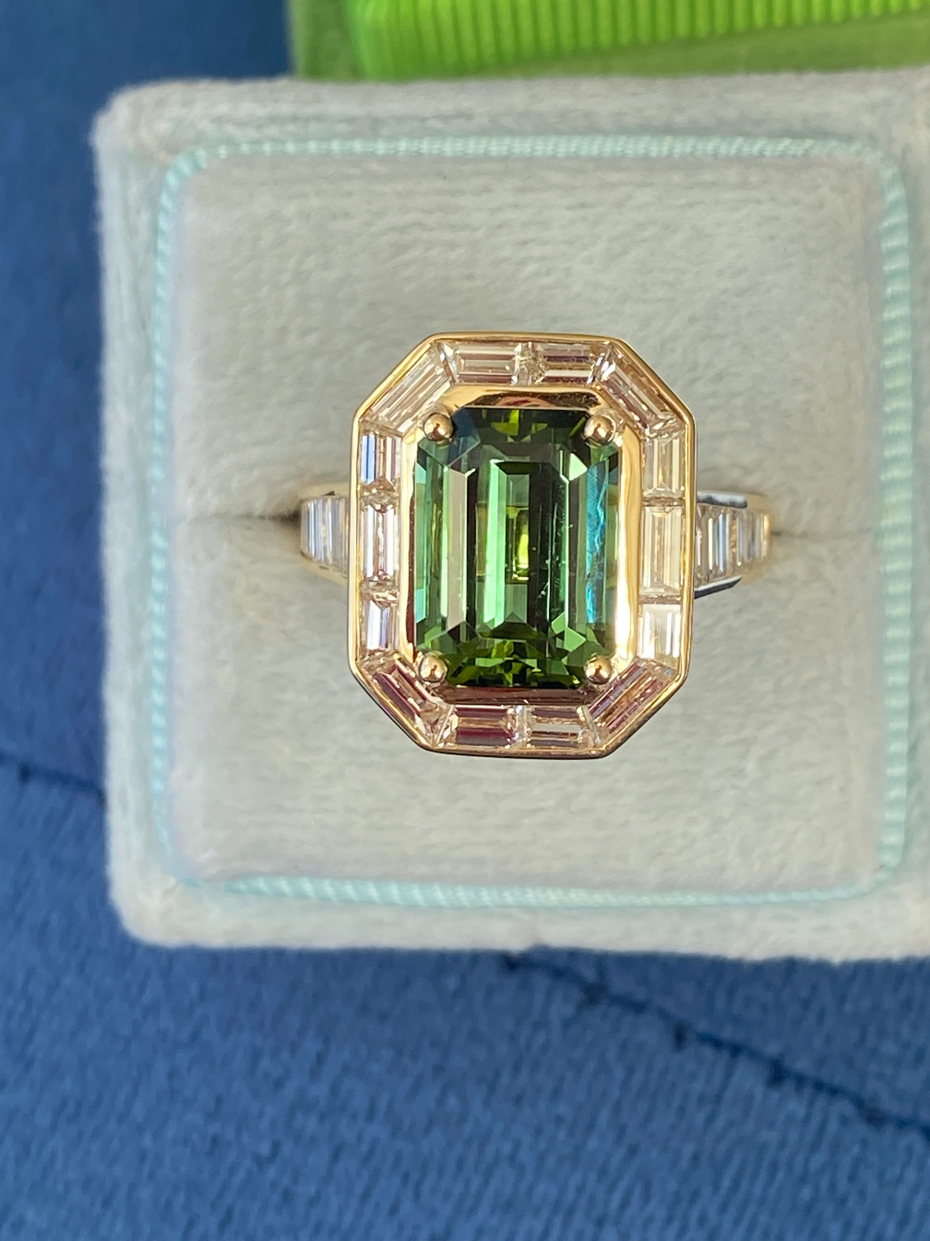 3.85 Carat Green Tourmaline and 1.84ctw Natural Diamond Ring in 18ct Yellow Gold