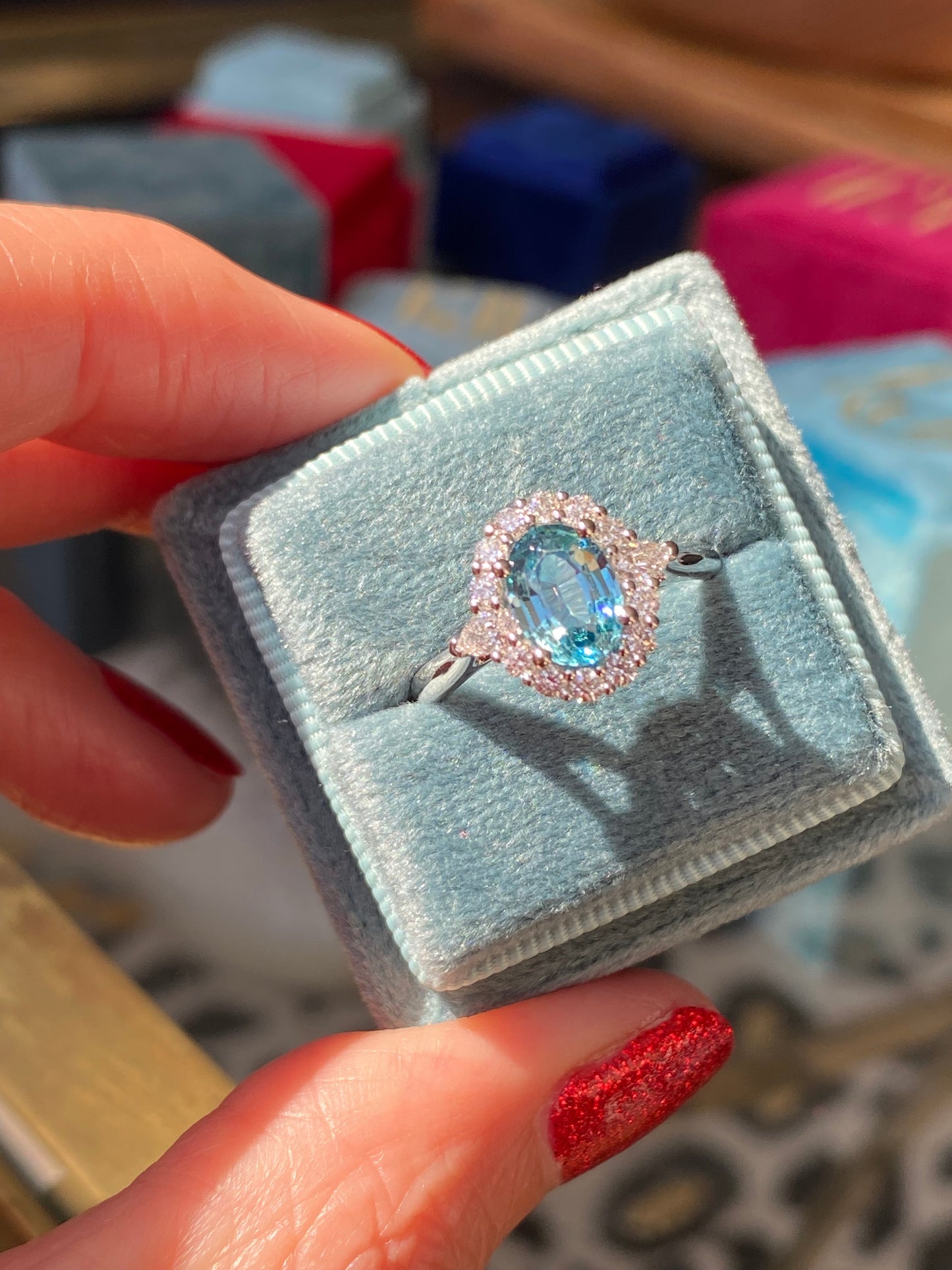 1.78 Carat Blue Zircon and Natural Diamond Halo Ring in Platinum